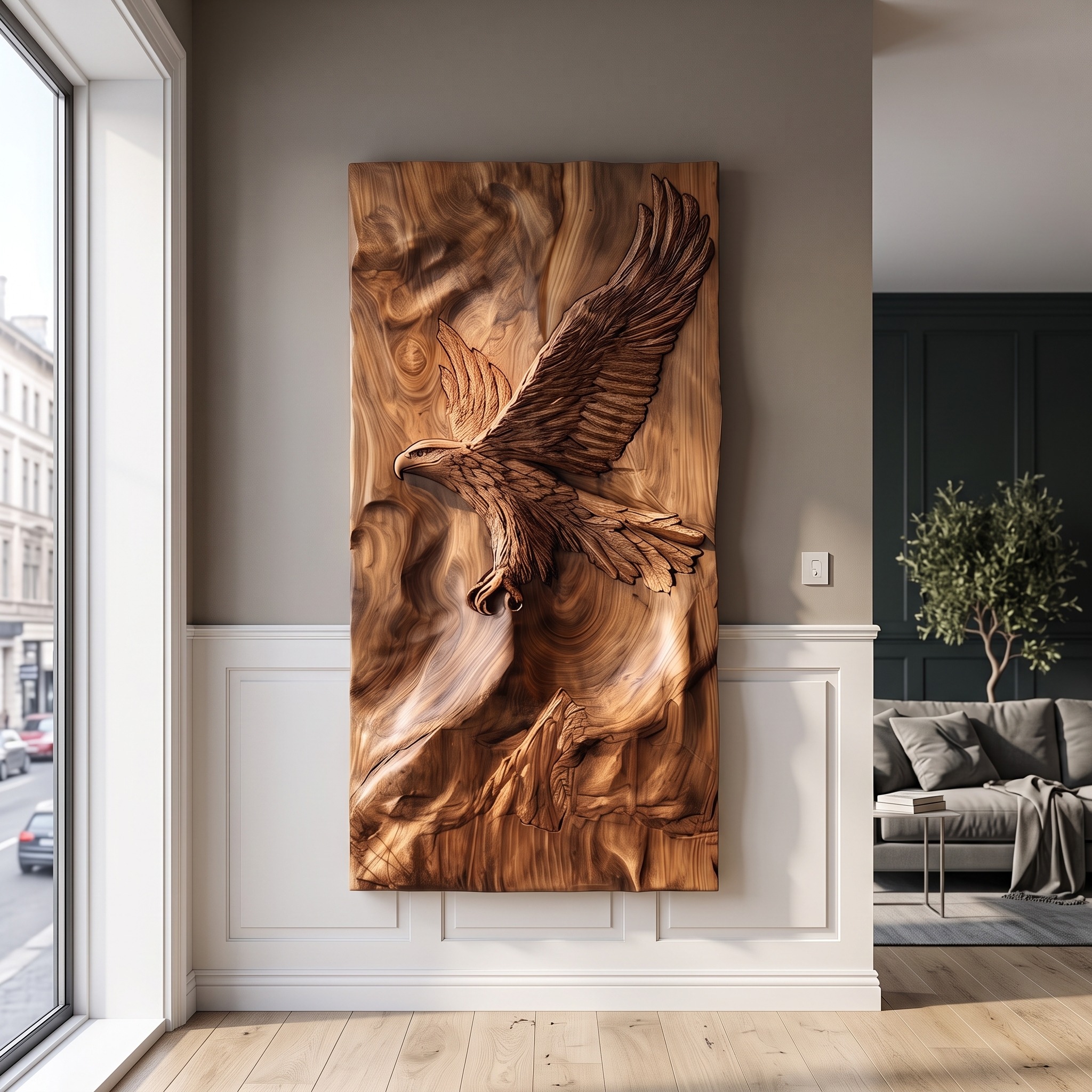 Modern Flying Eagle Wood Wall Art, Handcrafted 3D Geometric Wooden Animal Sculpture Panel for Industrial Loft