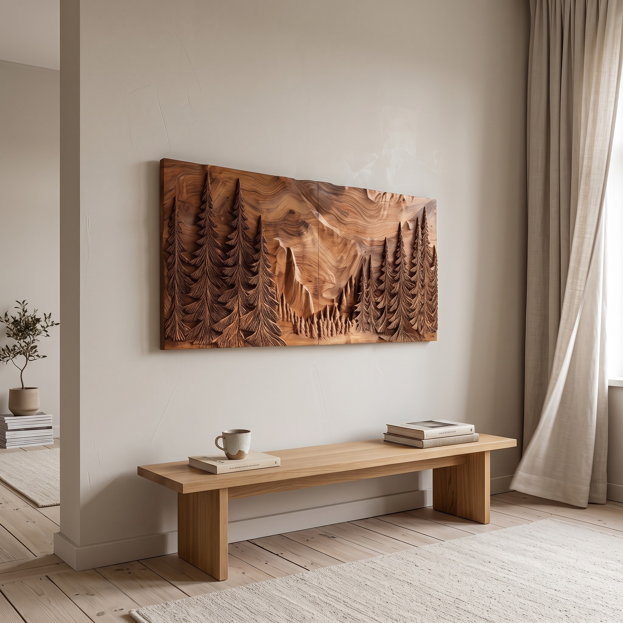 Modern Forest Mountain Wood Wall Art for Living Room