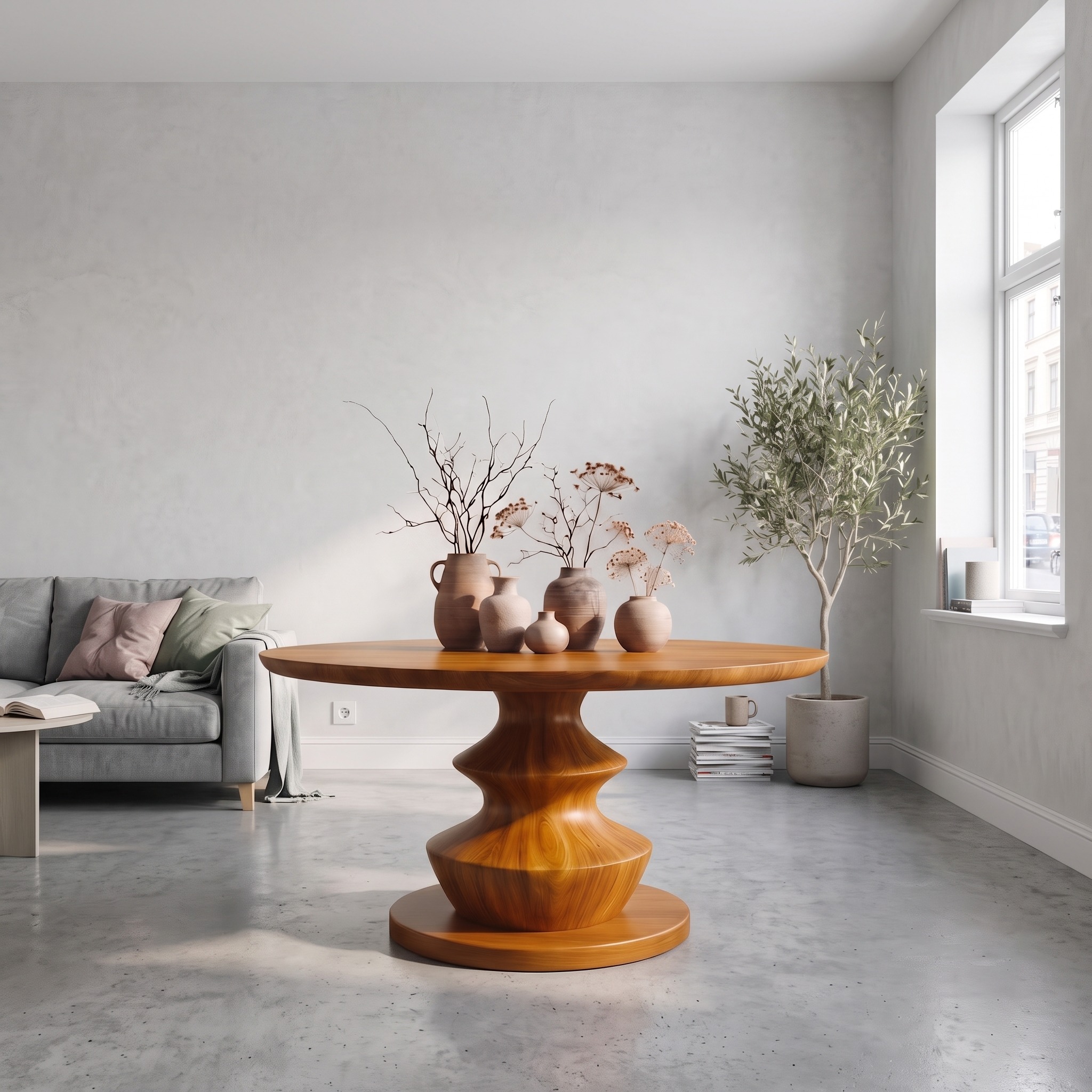 Modern Foyer Table, Sculptural Solid Wood Pedestal Entryway Console & Hallway Accent Table
