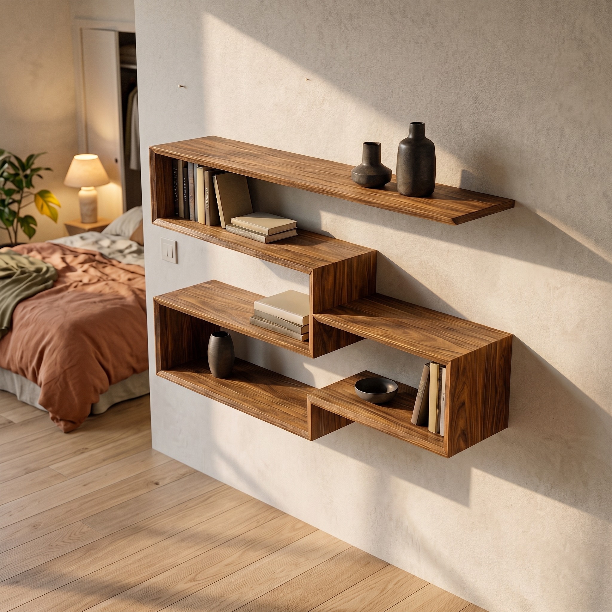Modern Geometric Floating Wall Shelf Wood Modular Display System