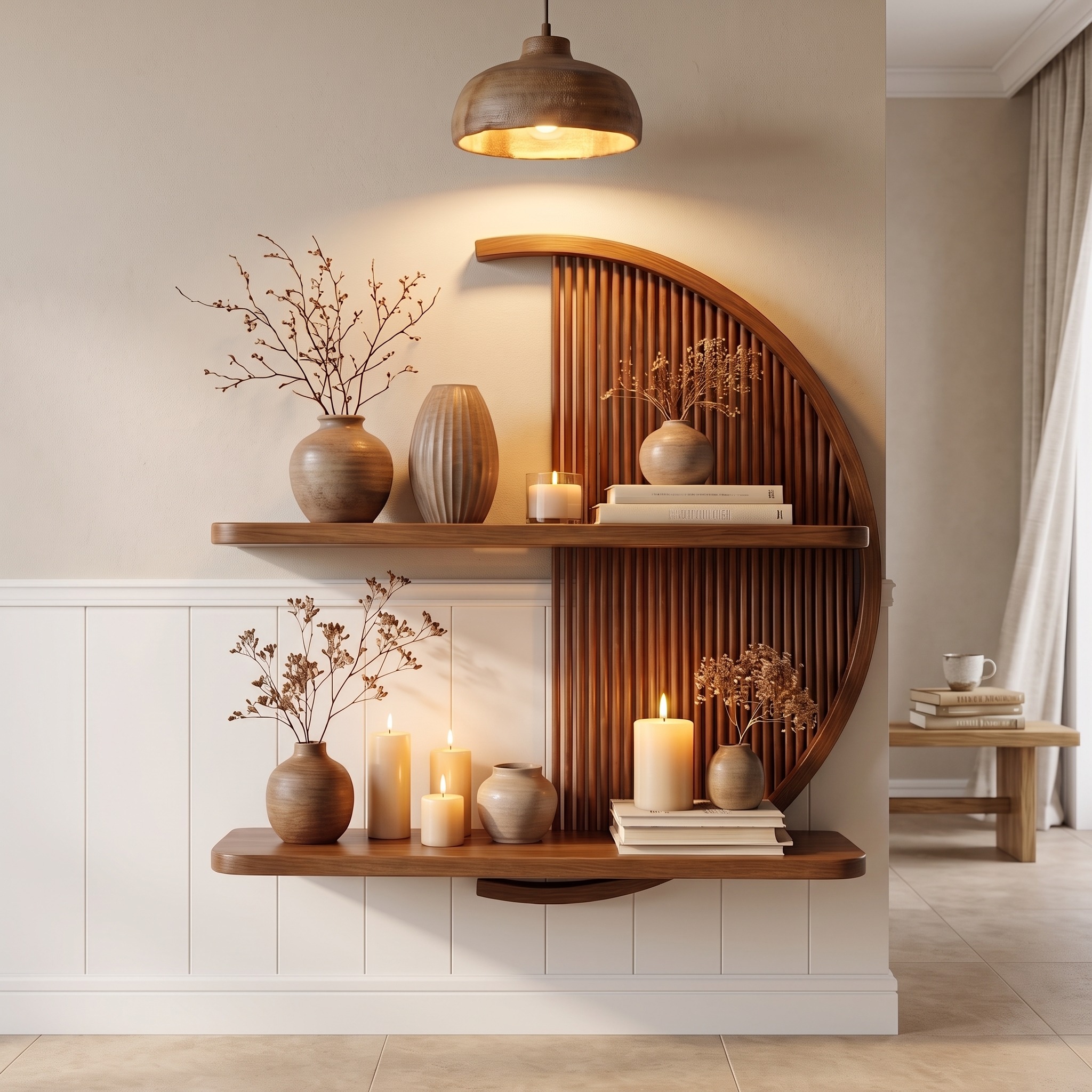 Modern Half-Round Wooden Floating Shelf, Semicircle Wall Mount Display Organizer for Living Room Decor