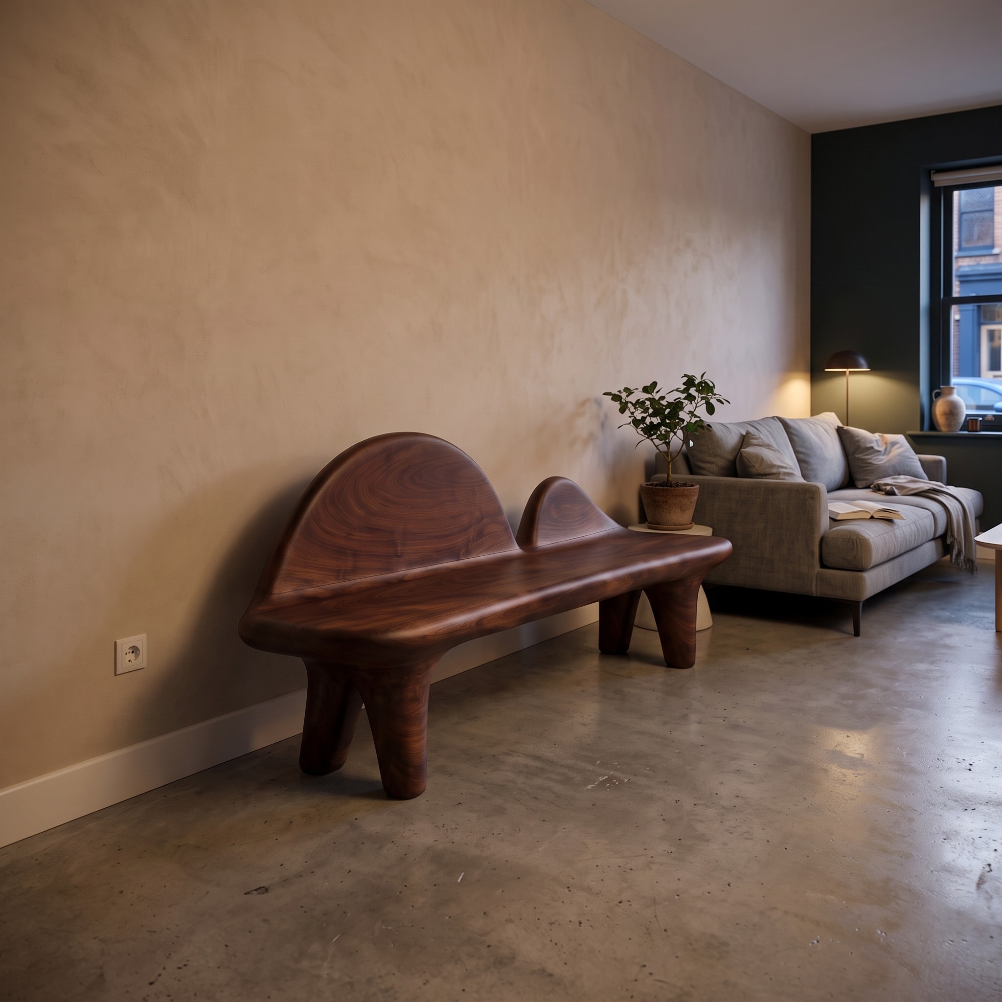 Modern Halloween Bench with Sculptural Curved Backrest for Entryway
