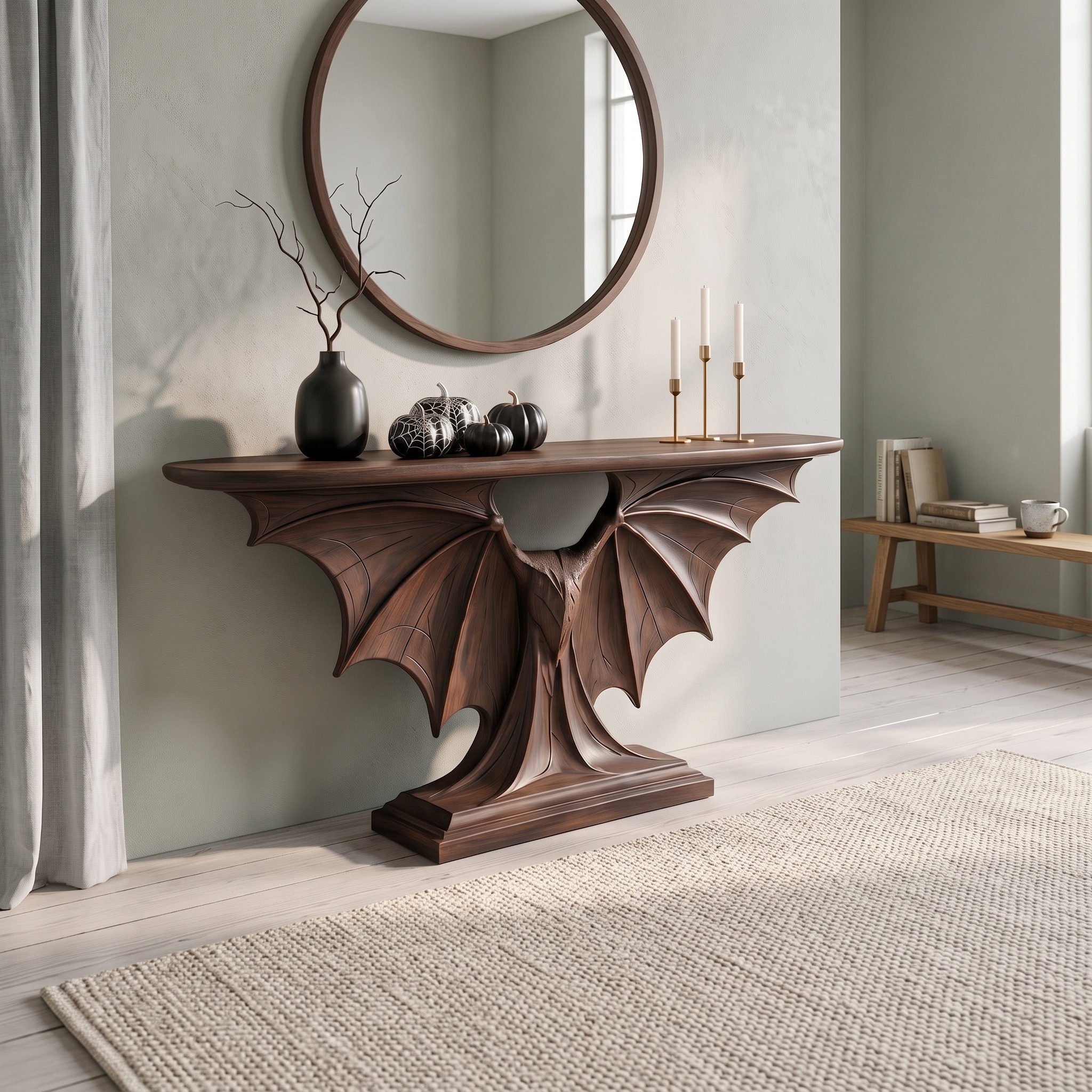 Modern Halloween Console Table with Sculptural Bat Wing Design for Living Room and Entryway
