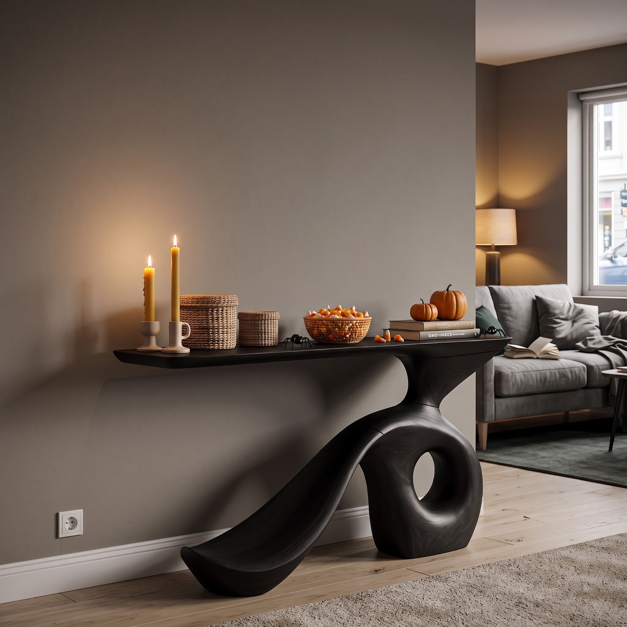 Modern Halloween Entryway Table with Sculptural Open Frame for Hallway