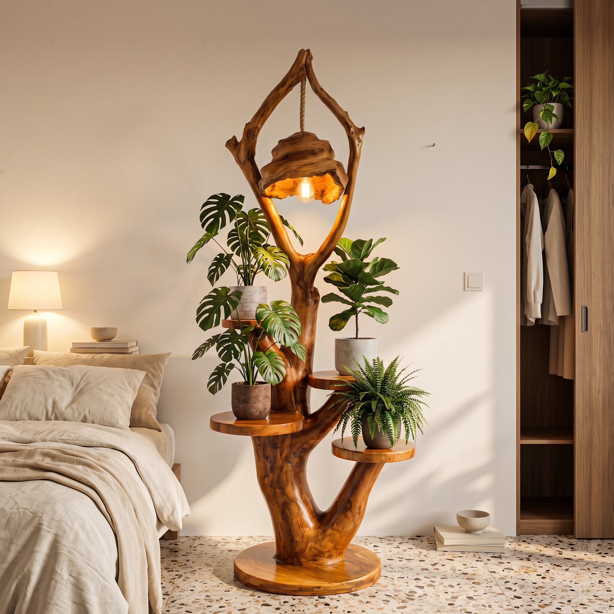 Modern Halloween Multi Tier Plant Stand with Sculptural Branch Shelves for Sunroom