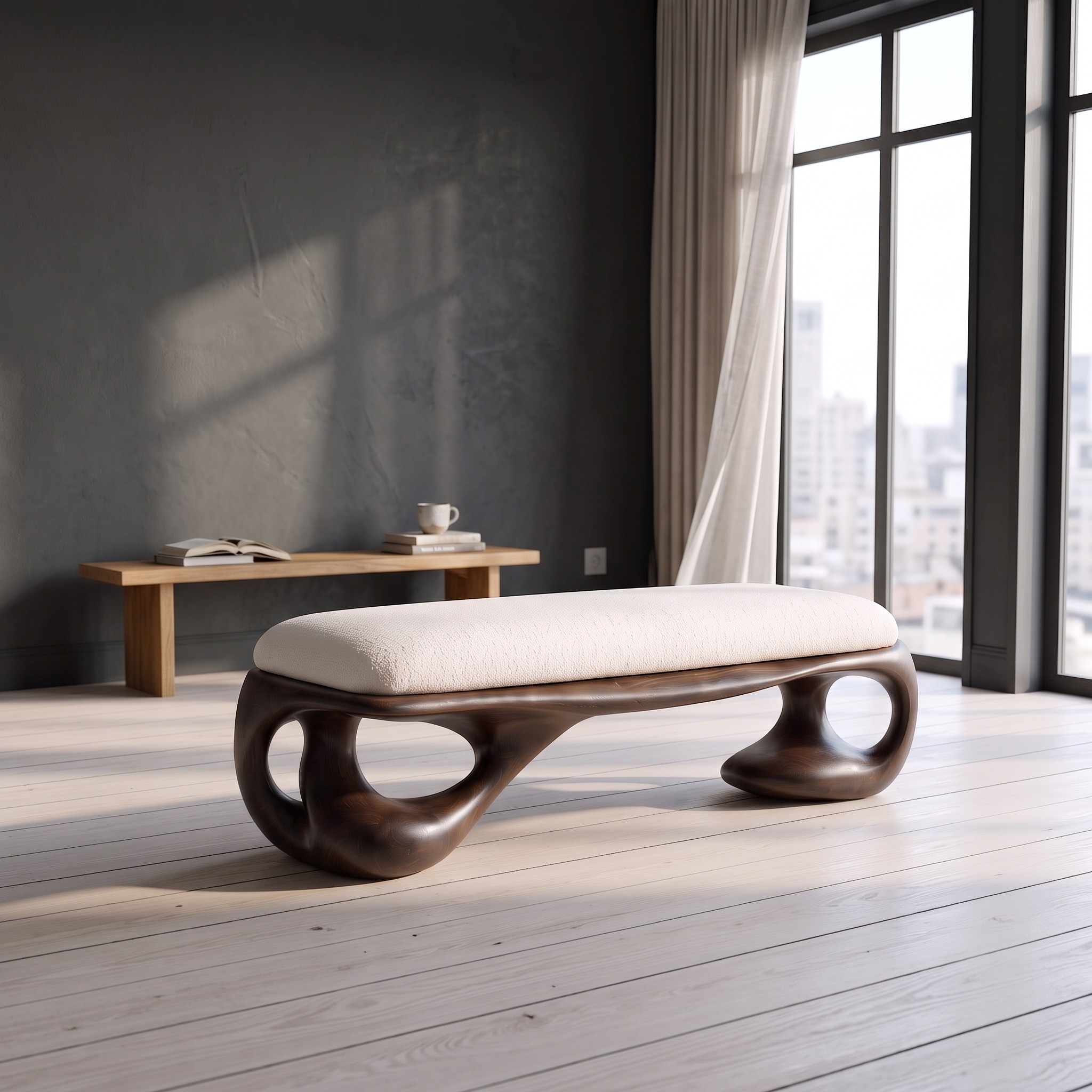 Modern Halloween Upholstered Bench with Sculptural Curved Frame for Bedroom and Entryway