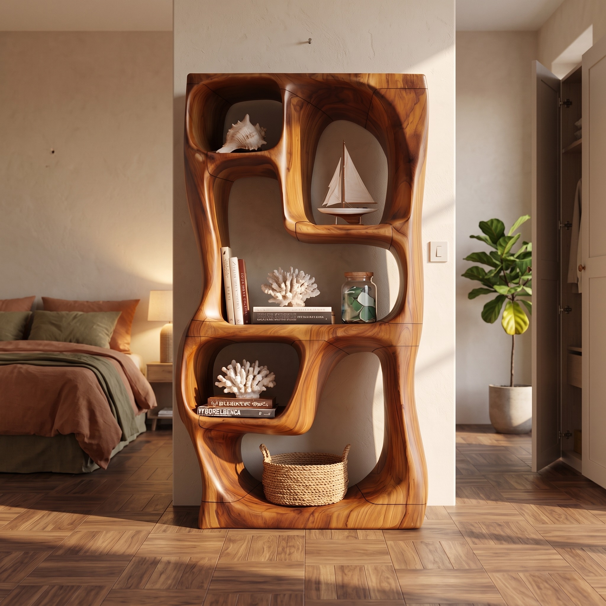 Modern Handcrafted Wooden Bookshelf, Compact Geometric Book Storage Organizer Rack for Small Apartment Home