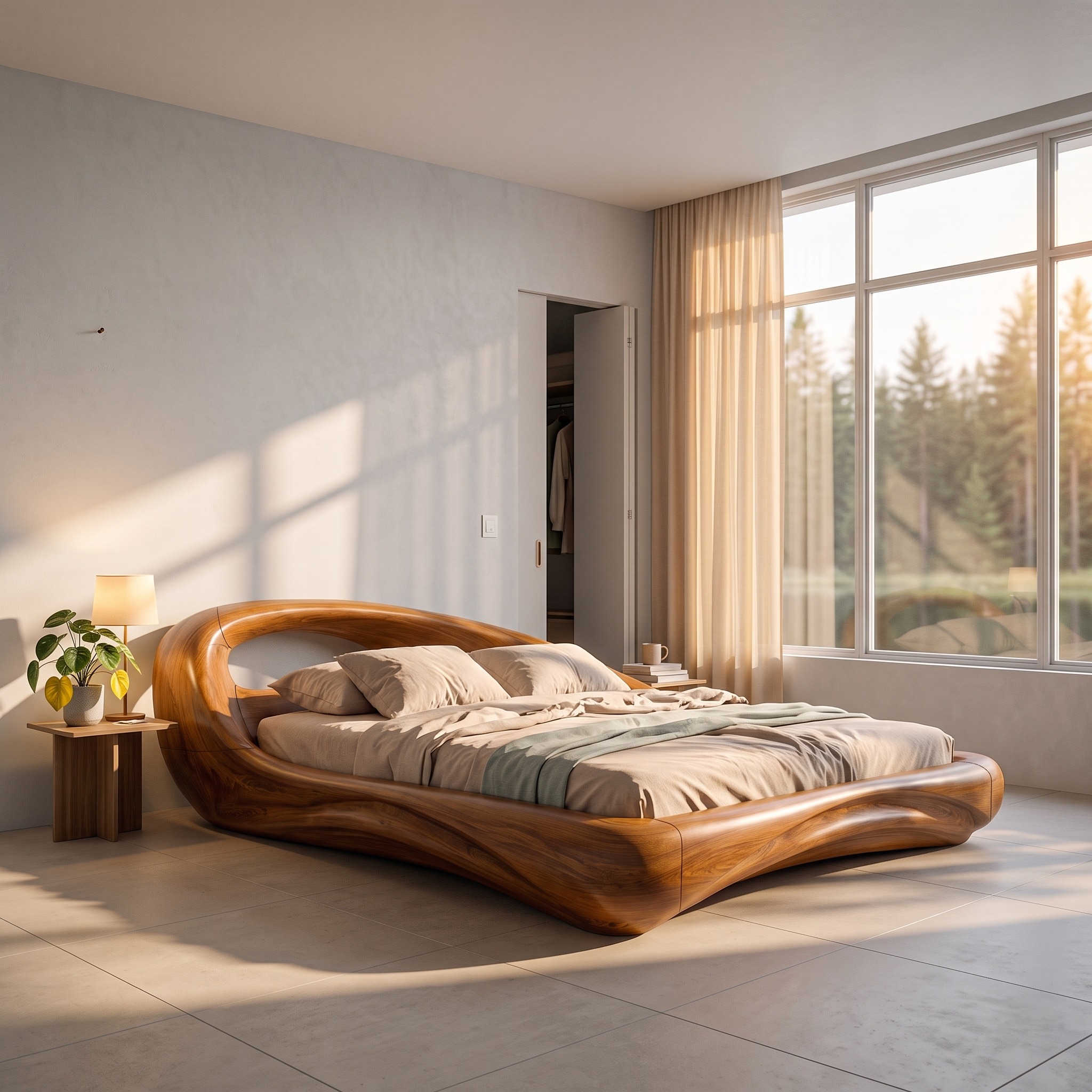 Modern King Bed Frame with Flowing Curved Headboard for Bedroom