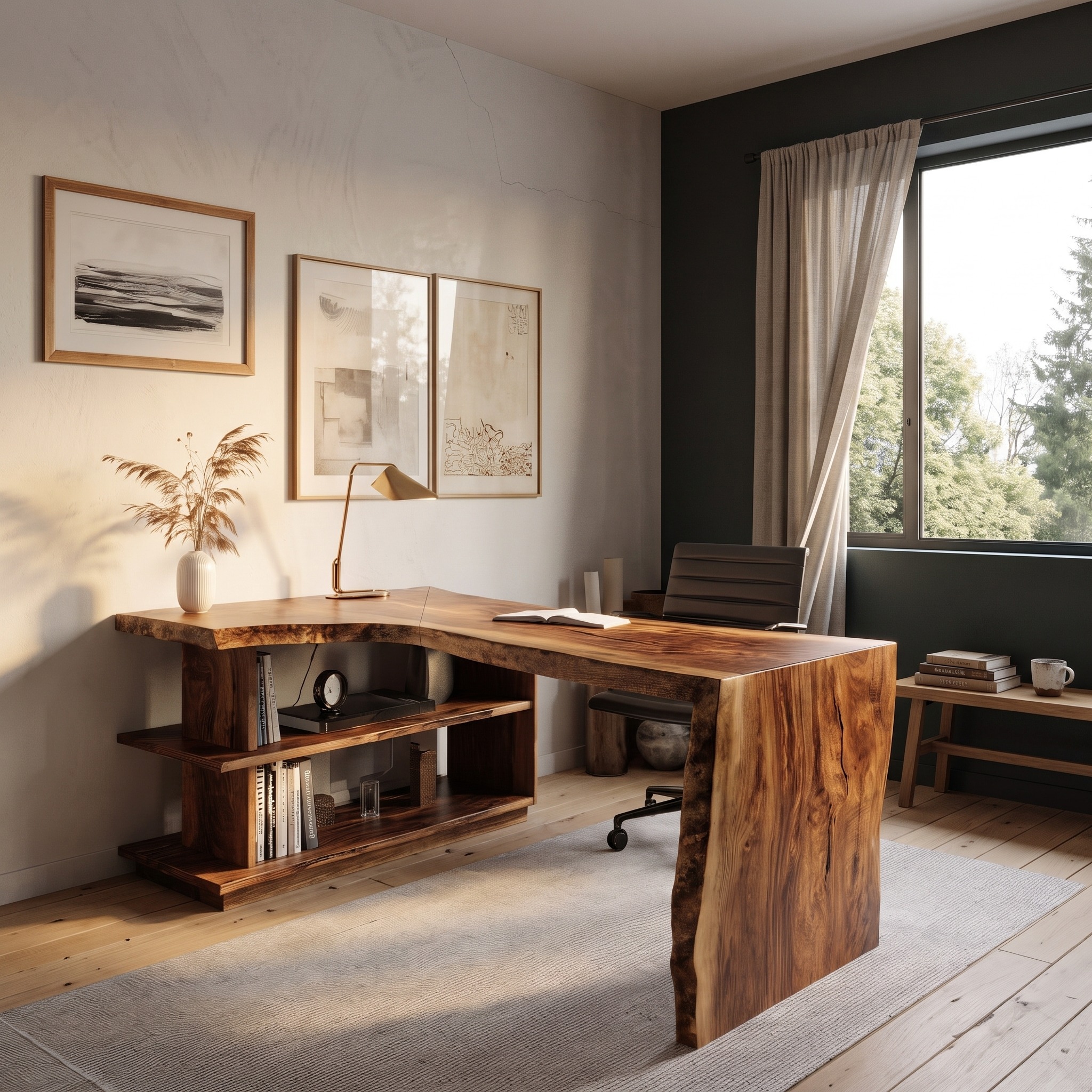 Modern L-Shaped Corner Desk with Integrated Bookshelf, Solid Wood Writing Study Table for Home Office