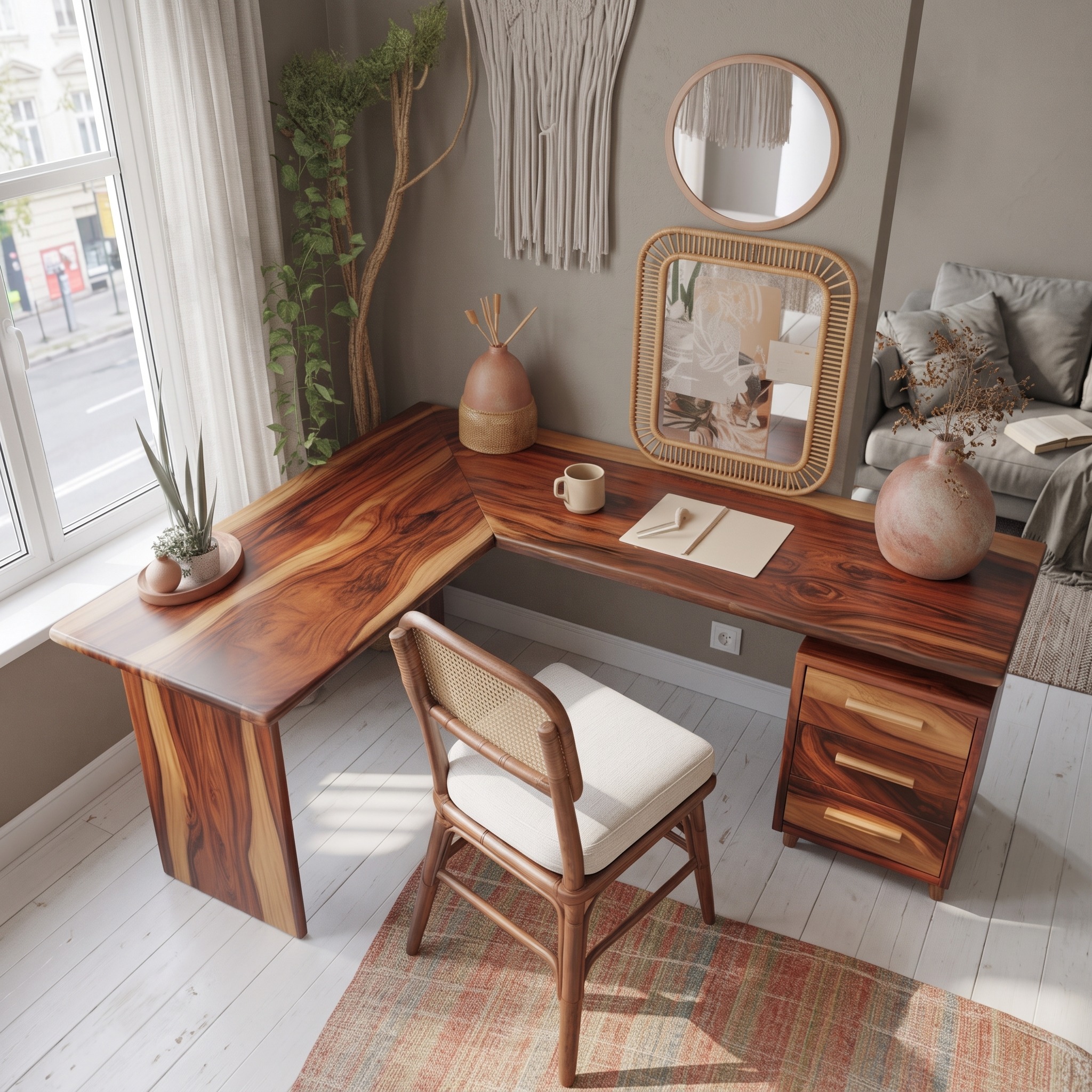 Modern L-Shaped Corner Wood Desk with Drawers, Writing Workstation & Makeup Vanity Table for Home Office