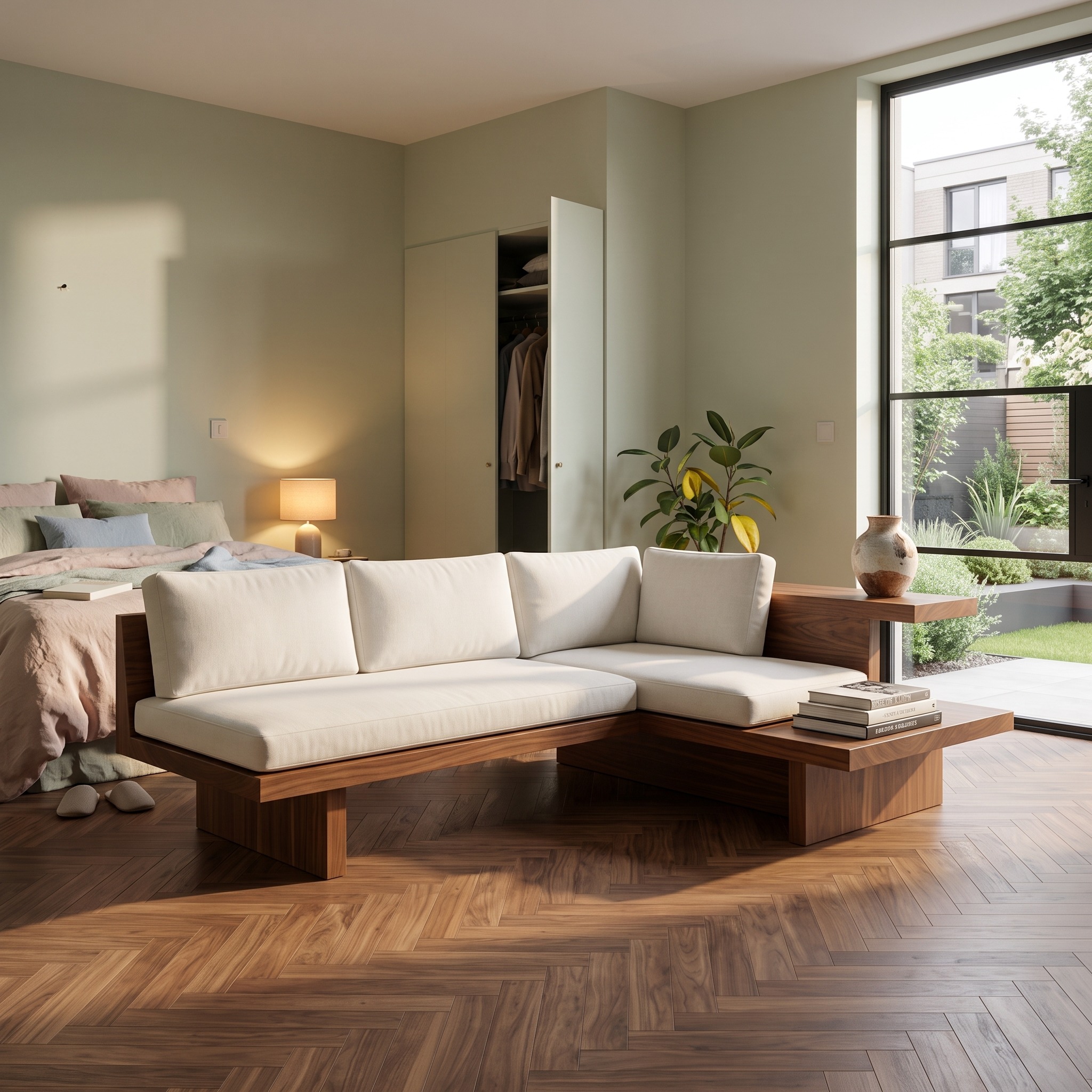 Modern L Shaped Sofa Integrated Shelving for Living Room