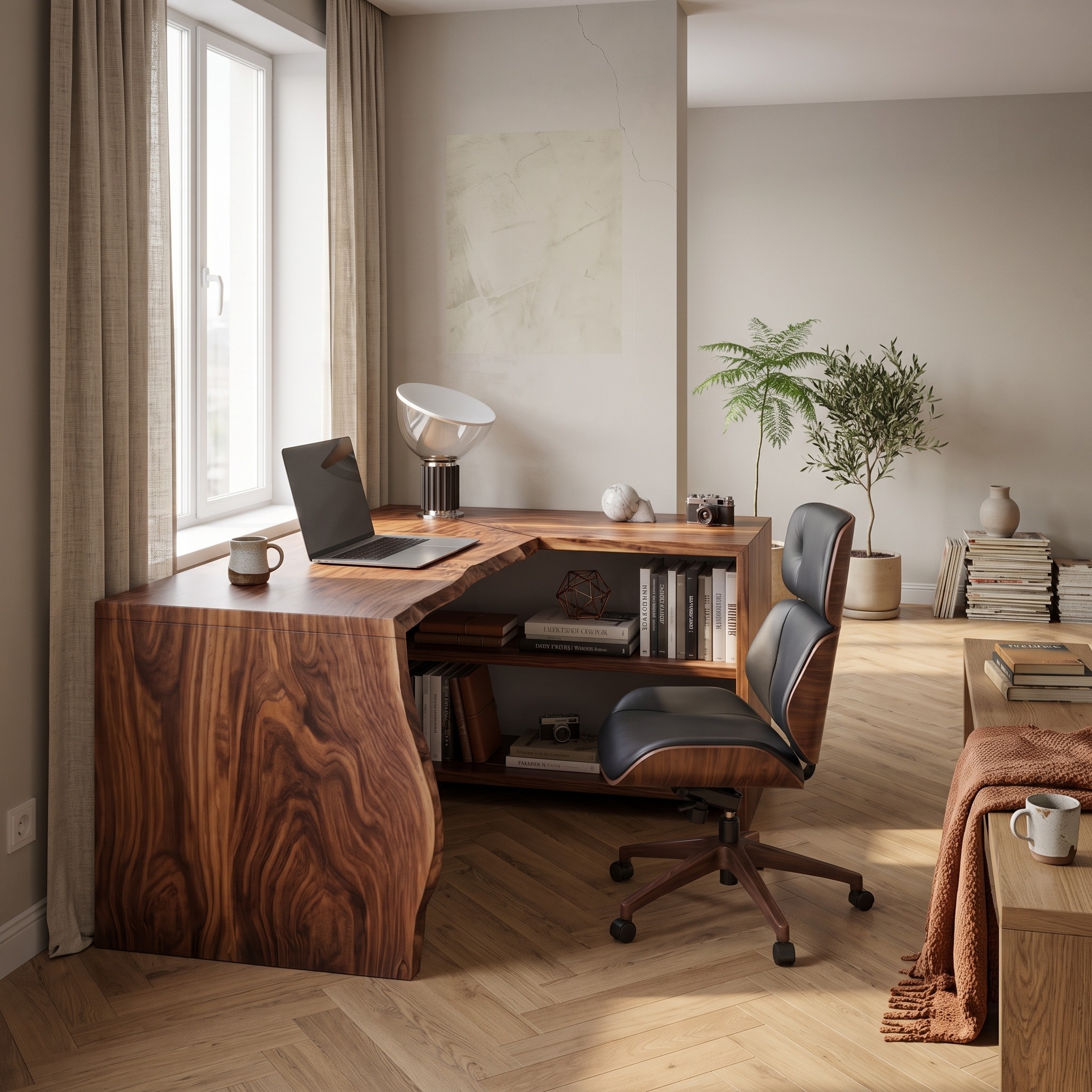 Modern L-Shaped Wooden Desk with Storage, Handcrafted Solid Wood Corner Executive Computer Desk for Home Office