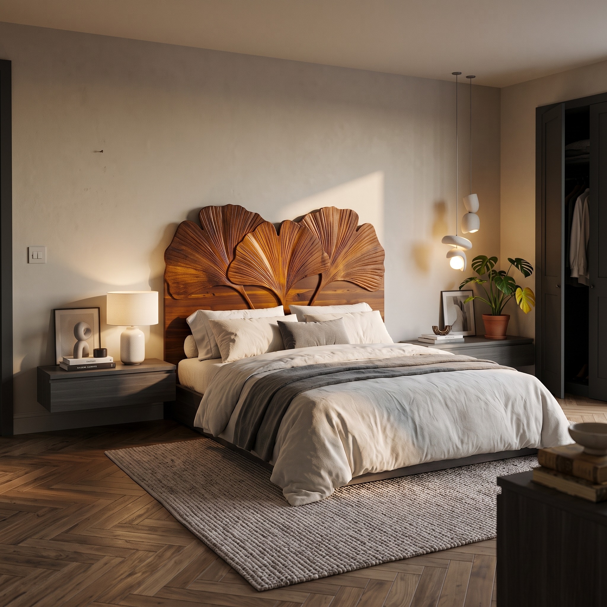 Modern Layered Leaf Headboard Wooden Bed Headboard for Bedroom