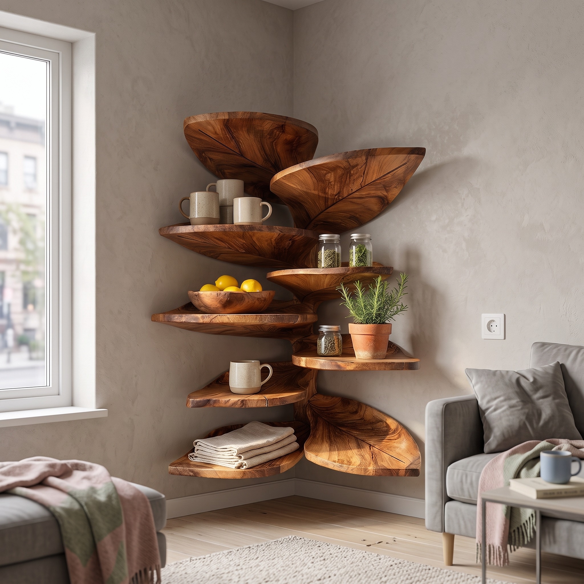 Modern Leaf-Shaped Floating Corner Shelf, Handcrafted Solid Wood Wall Mount Display Rack for Entryway & Bathroom
