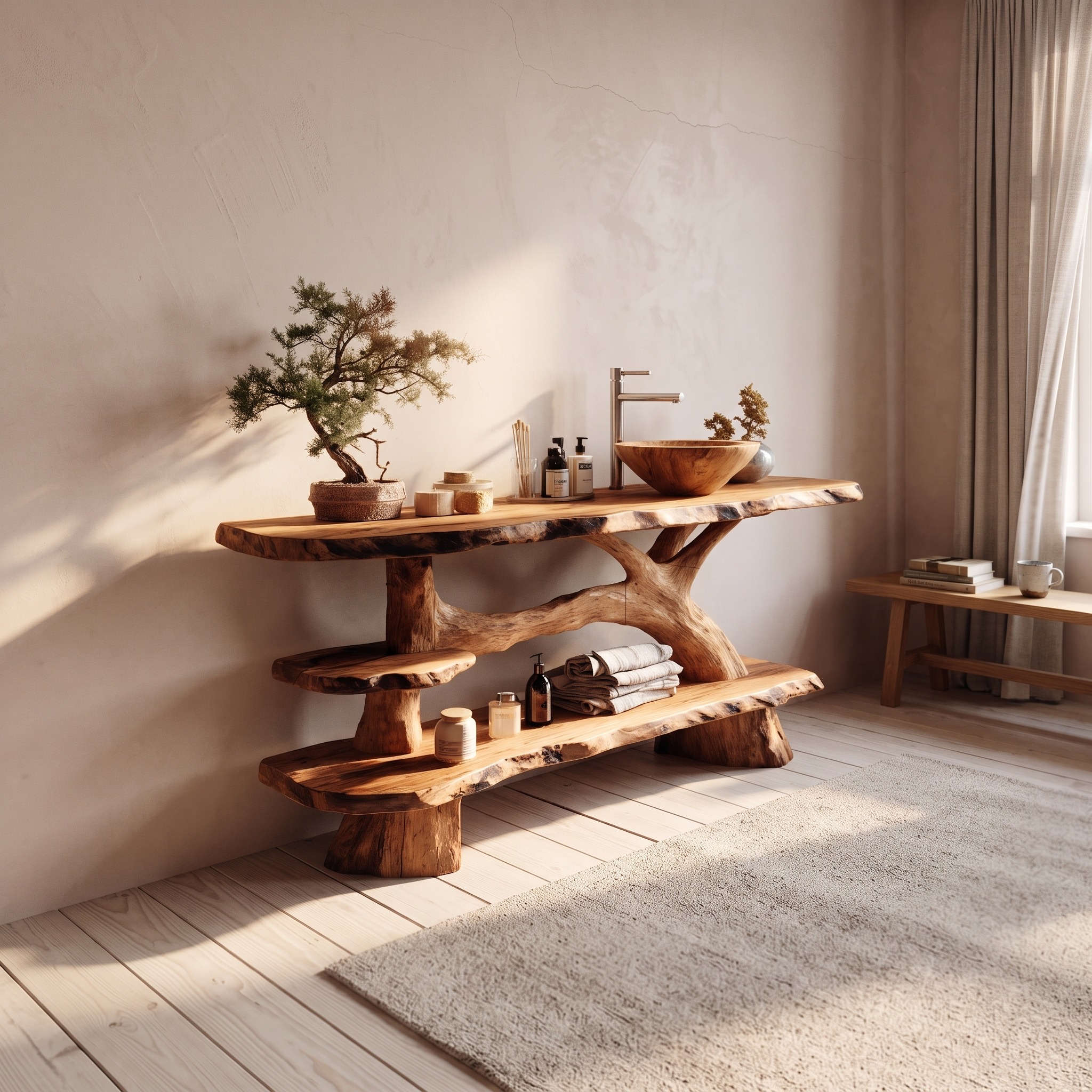 Modern Live Edge Bathroom Vanity, Solid Wood Tree Trunk Slab Sink Console for Classic Bathroom Remodel