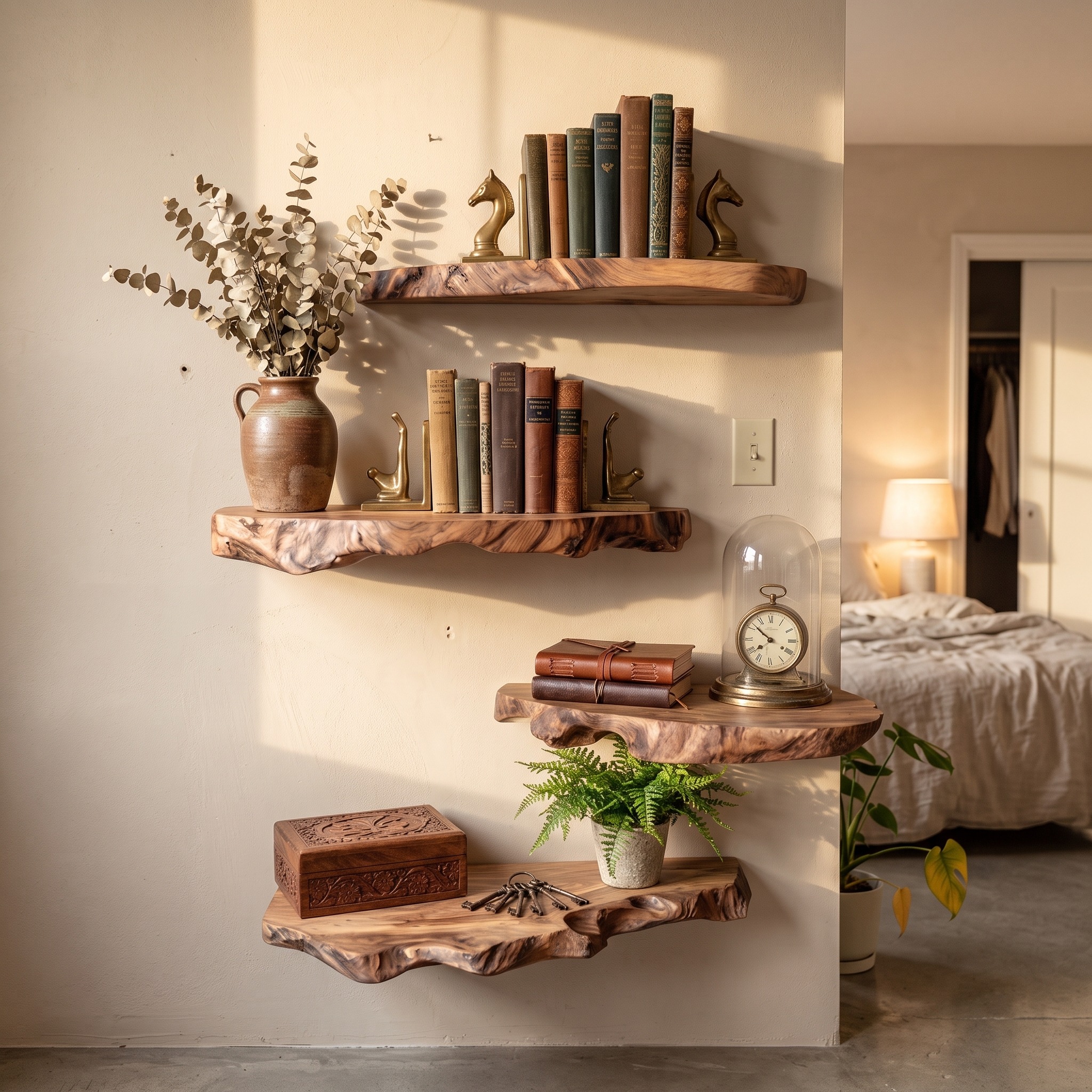 Modern Live Edge Corner Floating Shelves, Solid Wood L Shaped Hanging Shelf, Rustic Bathroom & Living Room Organizer