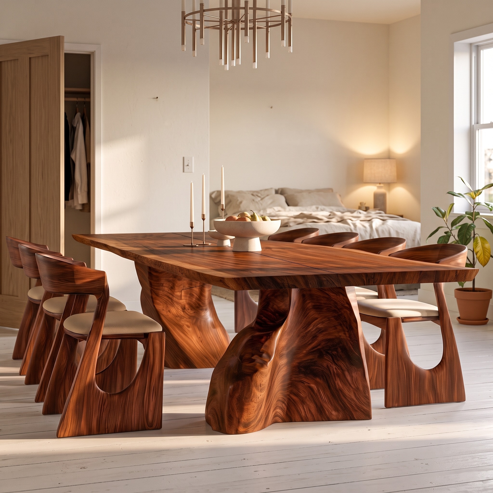Modern Live Edge Dining Table with Sculptural Tree Trunk Base for Dining Room