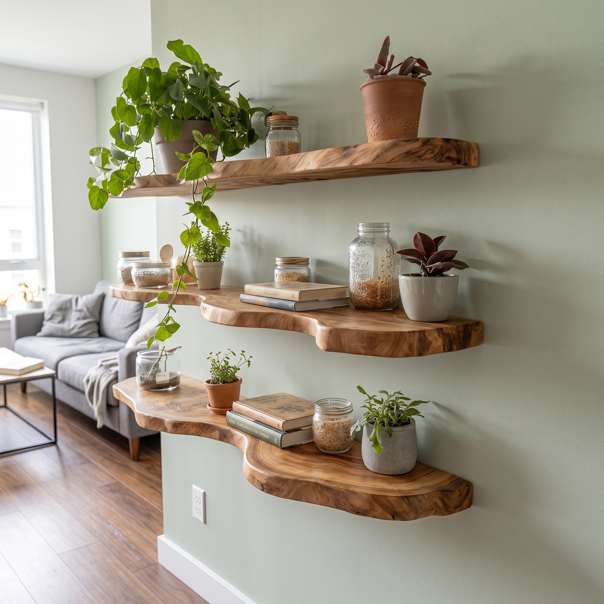 Modern Live Edge Floating Wall Shelves, Solid Wood Slab Display Ledges for Rustic Kitchen, Living Room & Bathroom