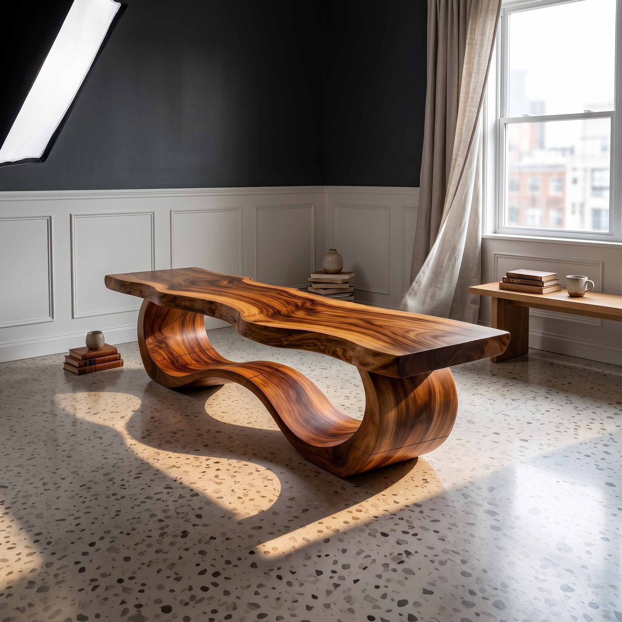 Modern Live Edge Wave Bench, Handcrafted Solid Wood Dining & Entryway Bench, Patio Indoor Accent Lounge Seating