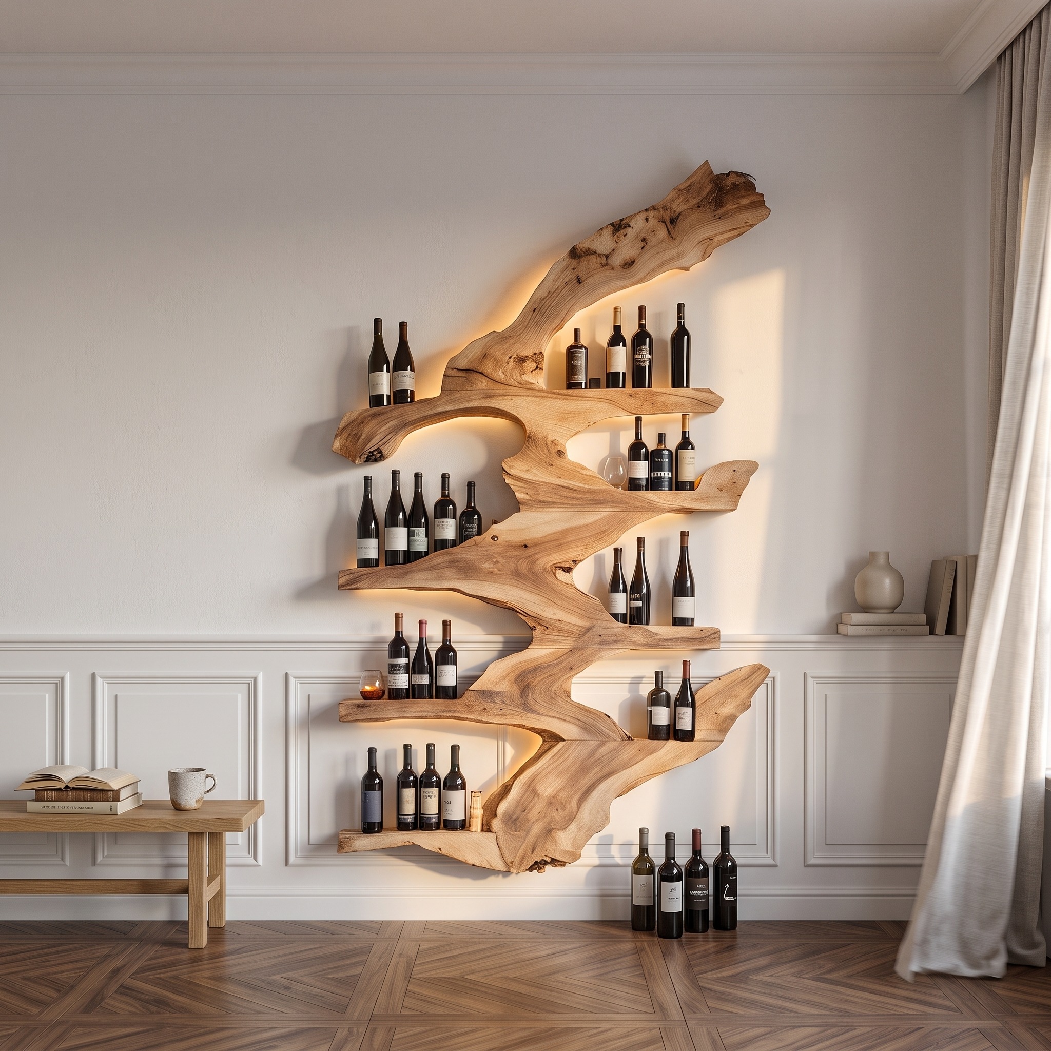 Modern Live Edge Wine Holder, Handcrafted Solid Wood Wine Rack Organizer, Halloween Party Furniture Storage Decor