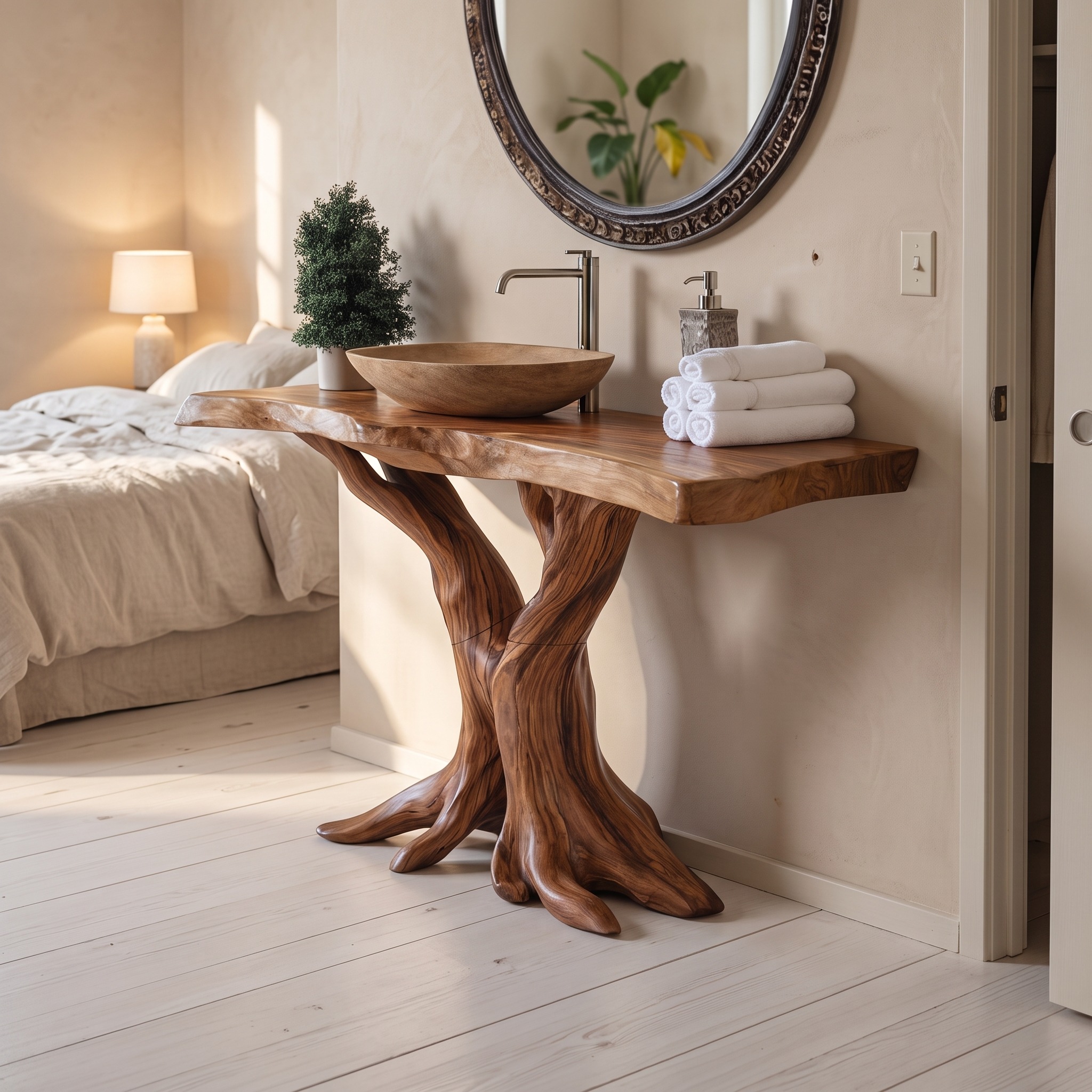 Modern Live Edge Wood Bathroom Vanity, Handmade Floating Single Basin Sink Cabinet & Washbasin Console Vanity