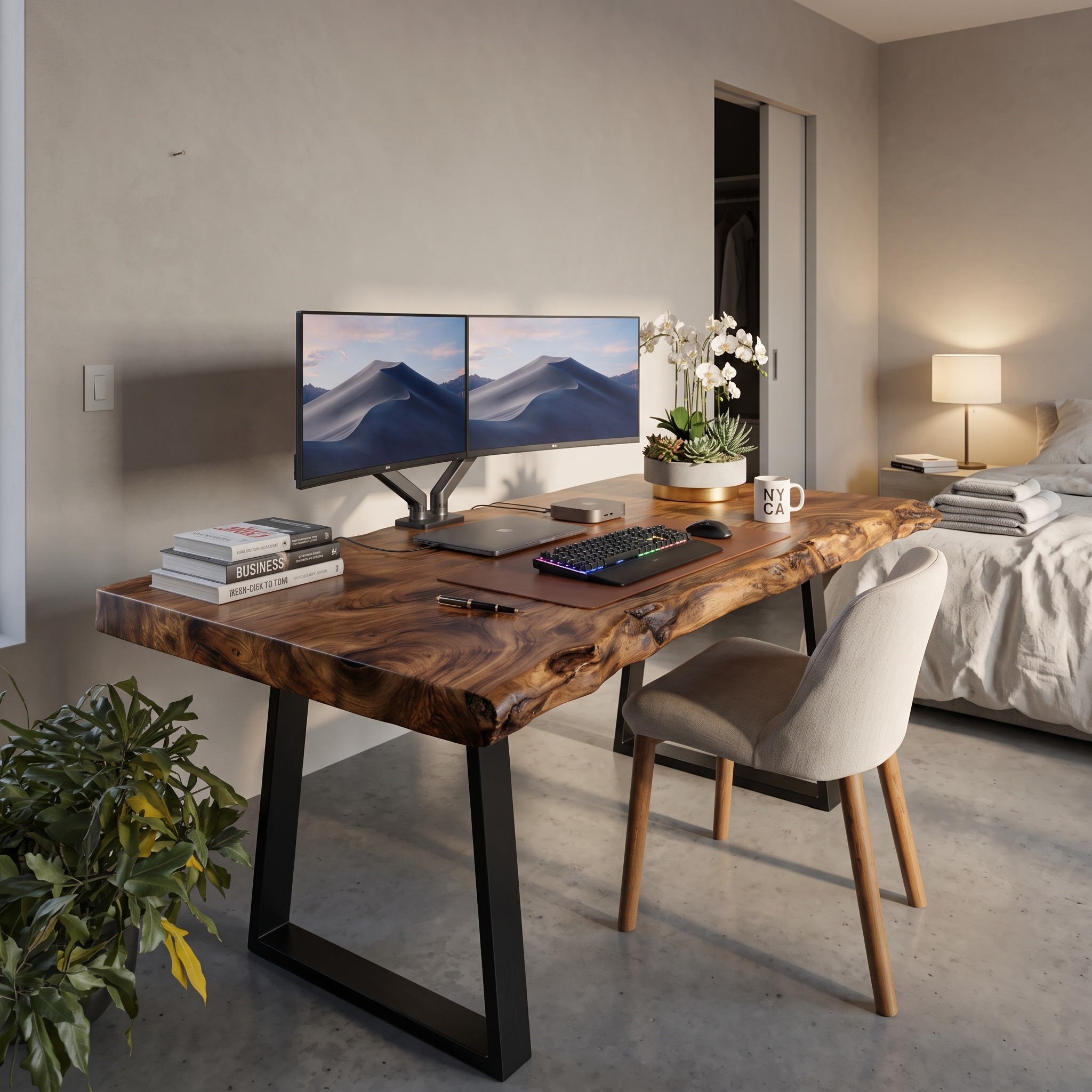 Modern Live Edge Wood Desk with Industrial Metal Legs, Computer Writing Workstation Table for Home Office, Studio