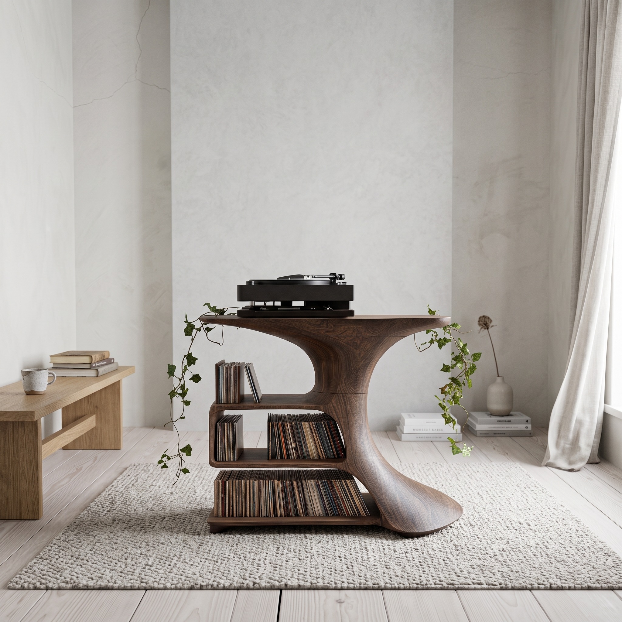 Modern Live Edge Wood Record Stand, Vinyl Storage Console Table for Living Room & Bedroom, Rustic Turntable Display