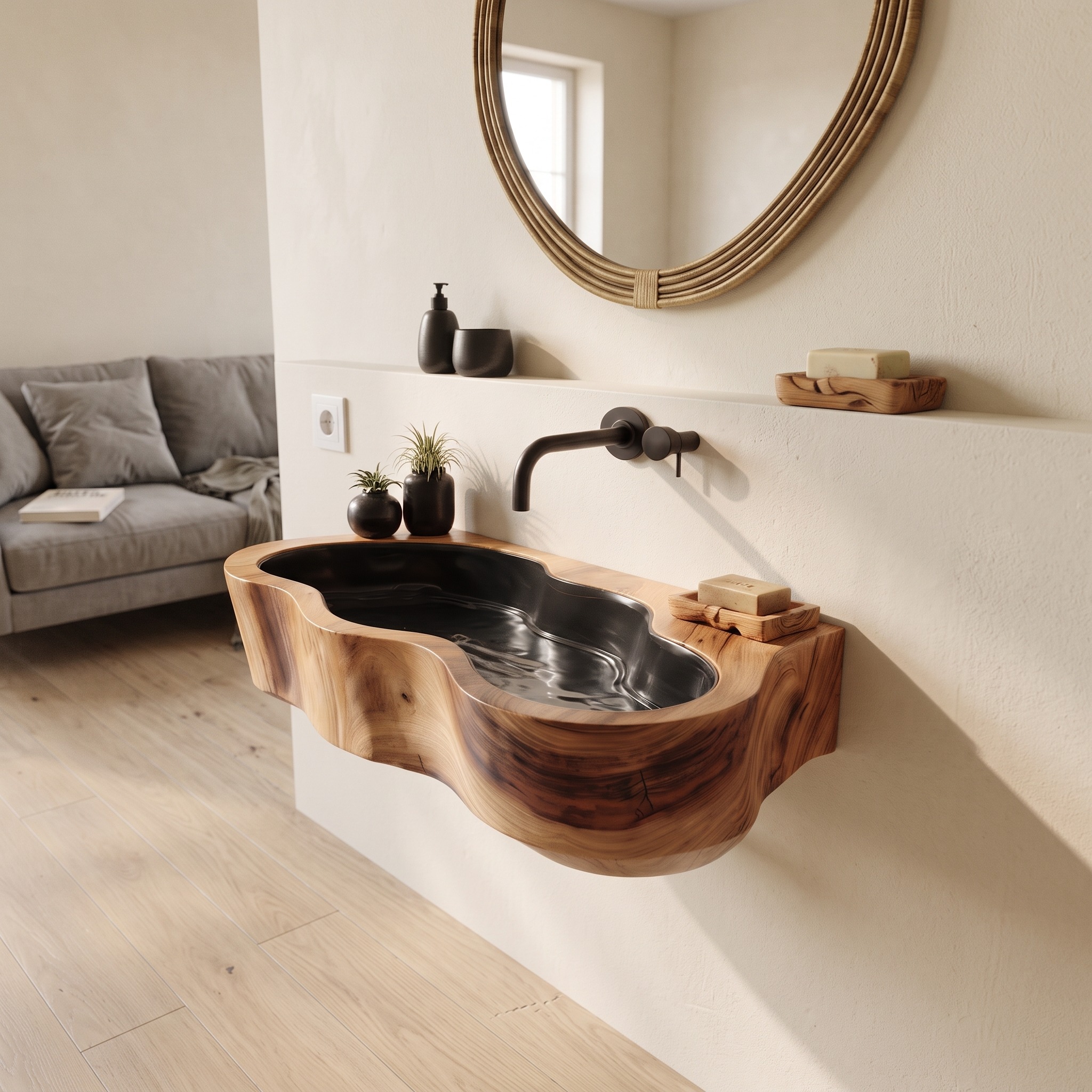 Modern Live Edge Wooden Vessel Sink, Contemporary Solid Wood Bathroom Wash Basin for Vanity Top