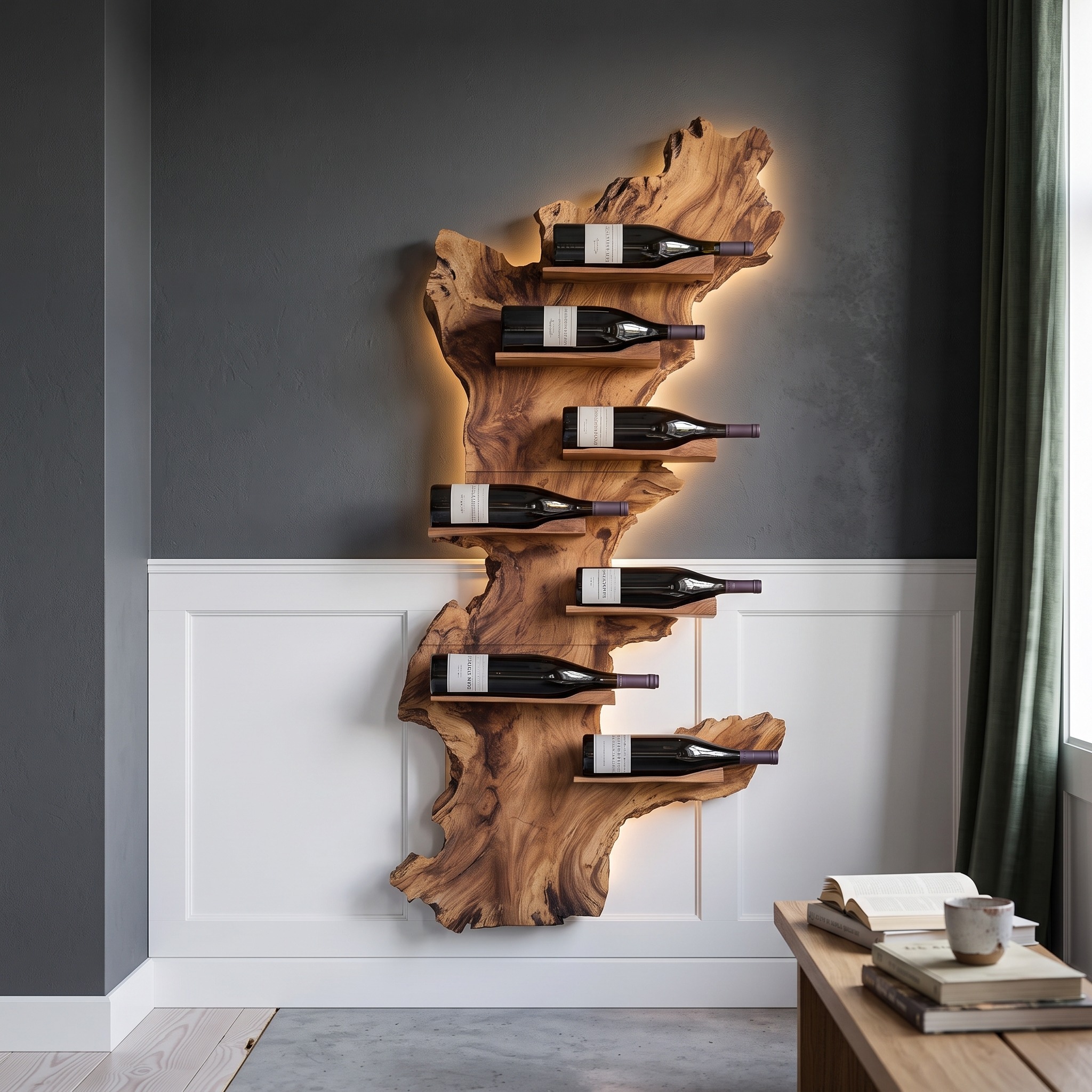 Modern Live Edge Wooden Wine Holder, Handcrafted Solid Wood Bottle Rack for Living Room Decor