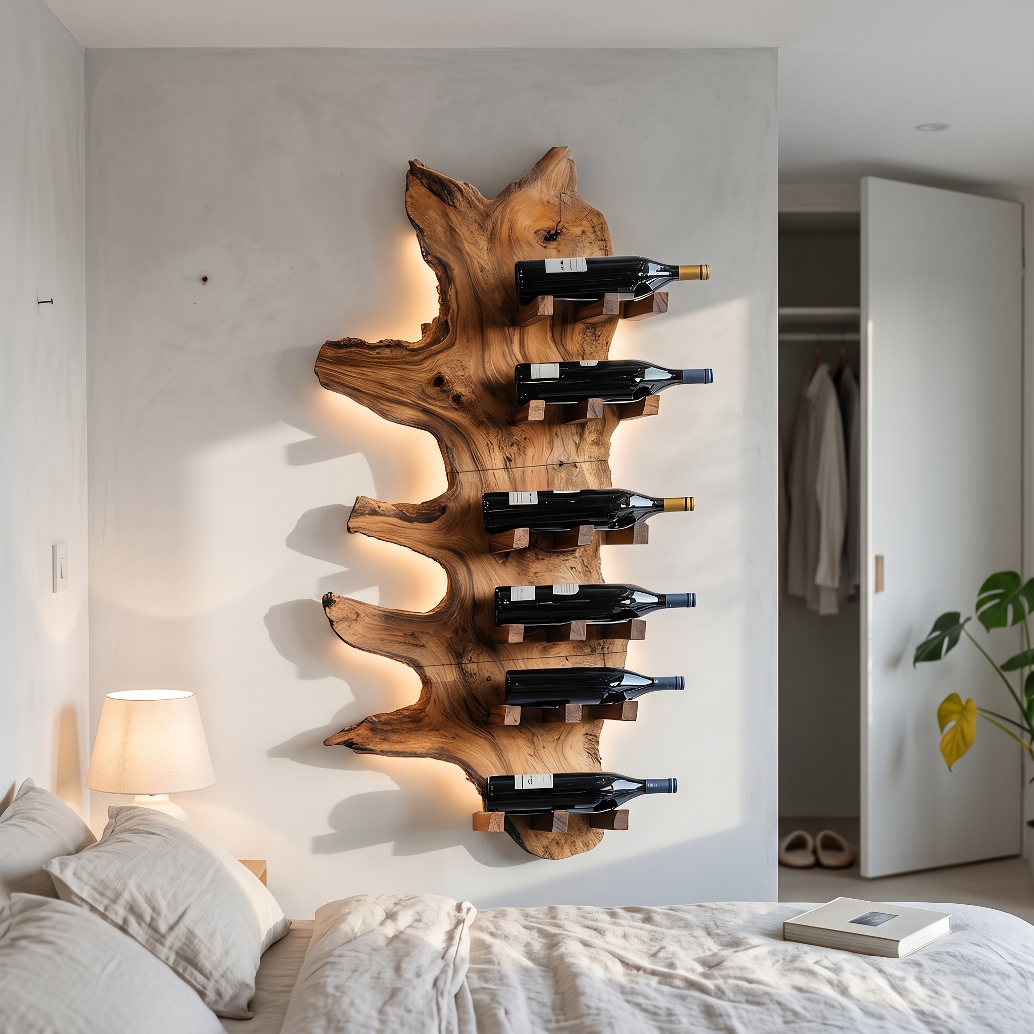 Modern Live Edge Wooden Wine Rack, Handcrafted Solid Wood Bottle Storage Holder Display Shelf