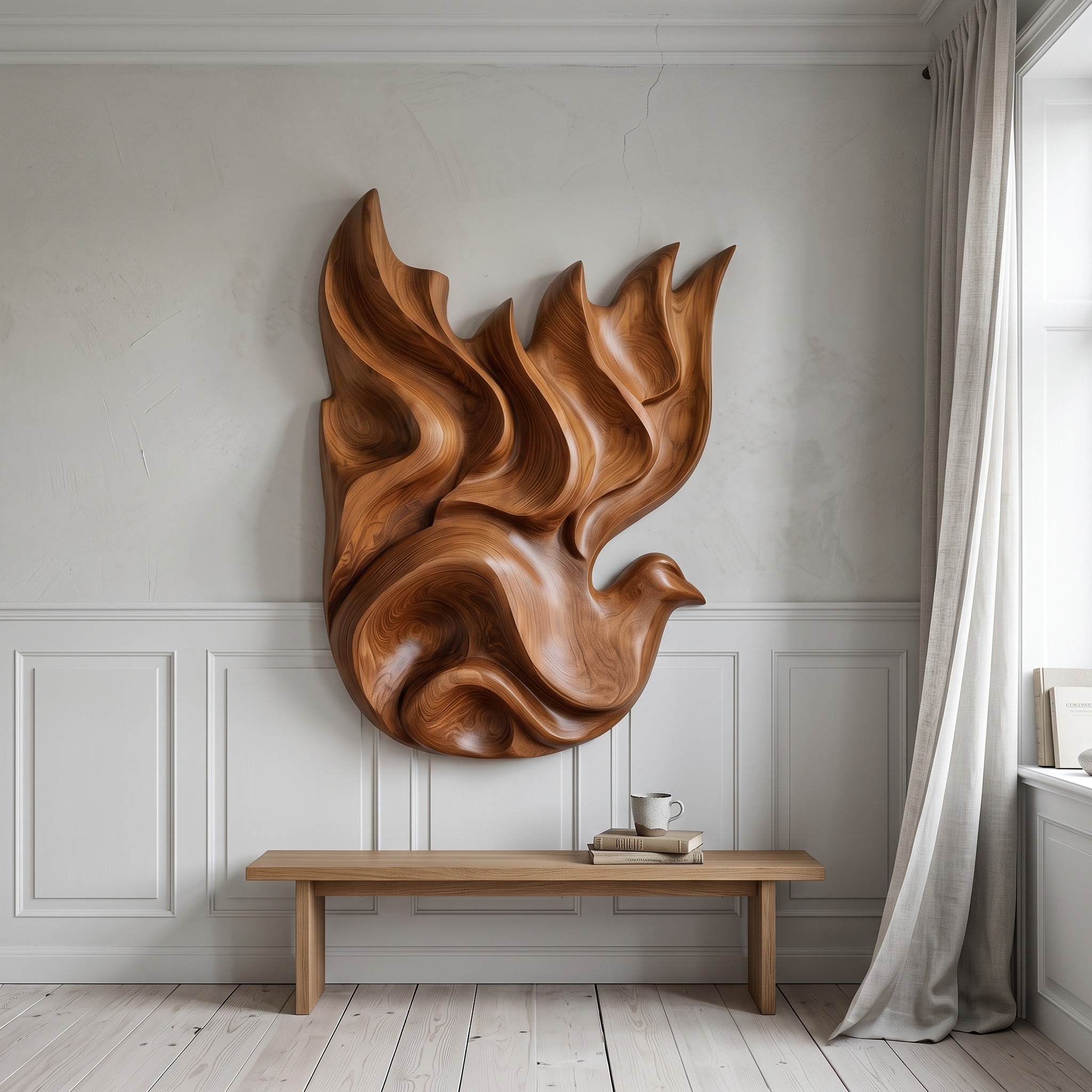 Modern Luxe Dove Wood Wall Art, Luxury Carved Bird Silhouette Wooden Relief Sculpture for Bedroom Decor