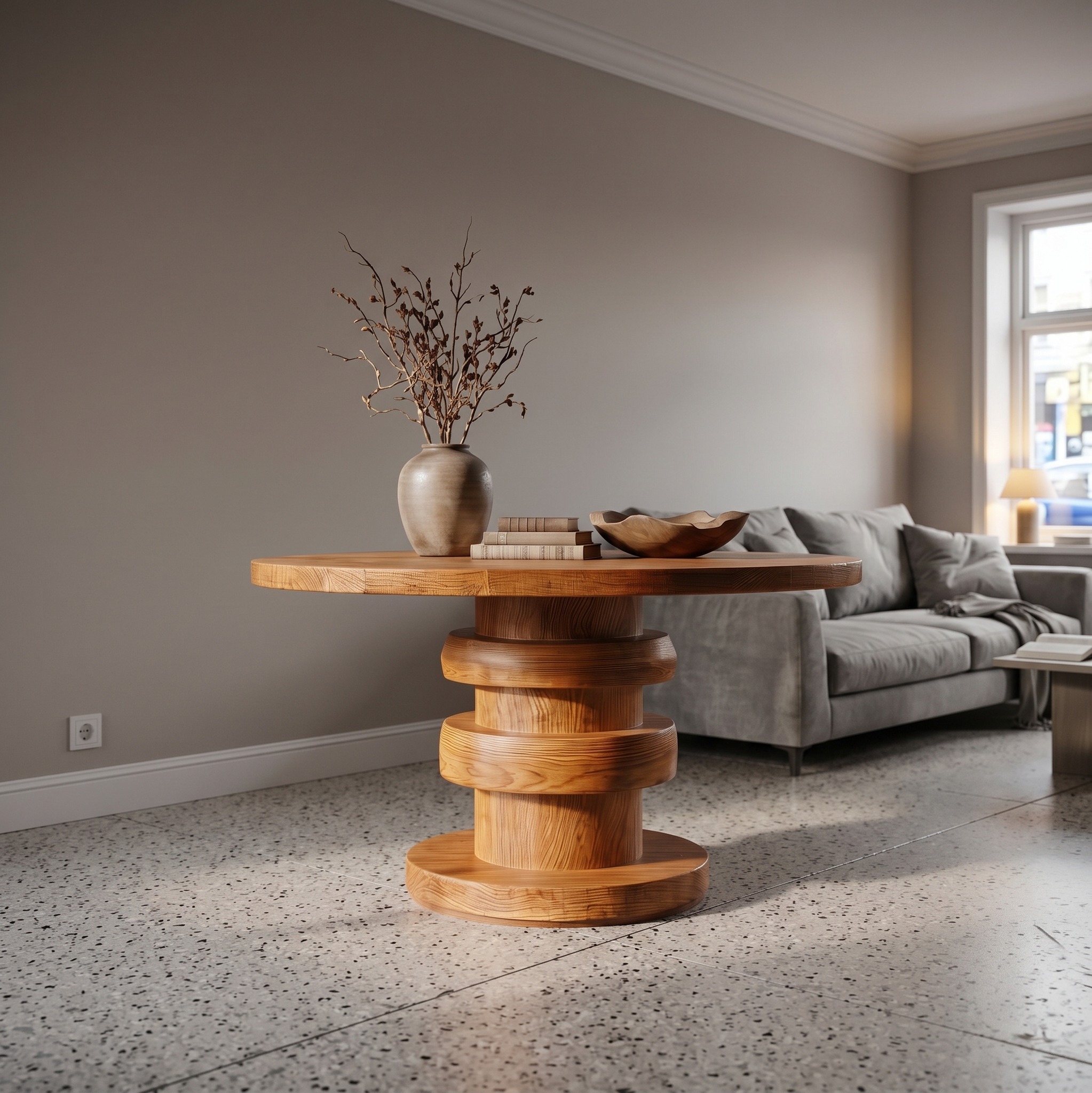 Modern Luxury Architectural Round Foyer Table, Solid Wood Sculptural Pedestal Entry Table for Lobby
