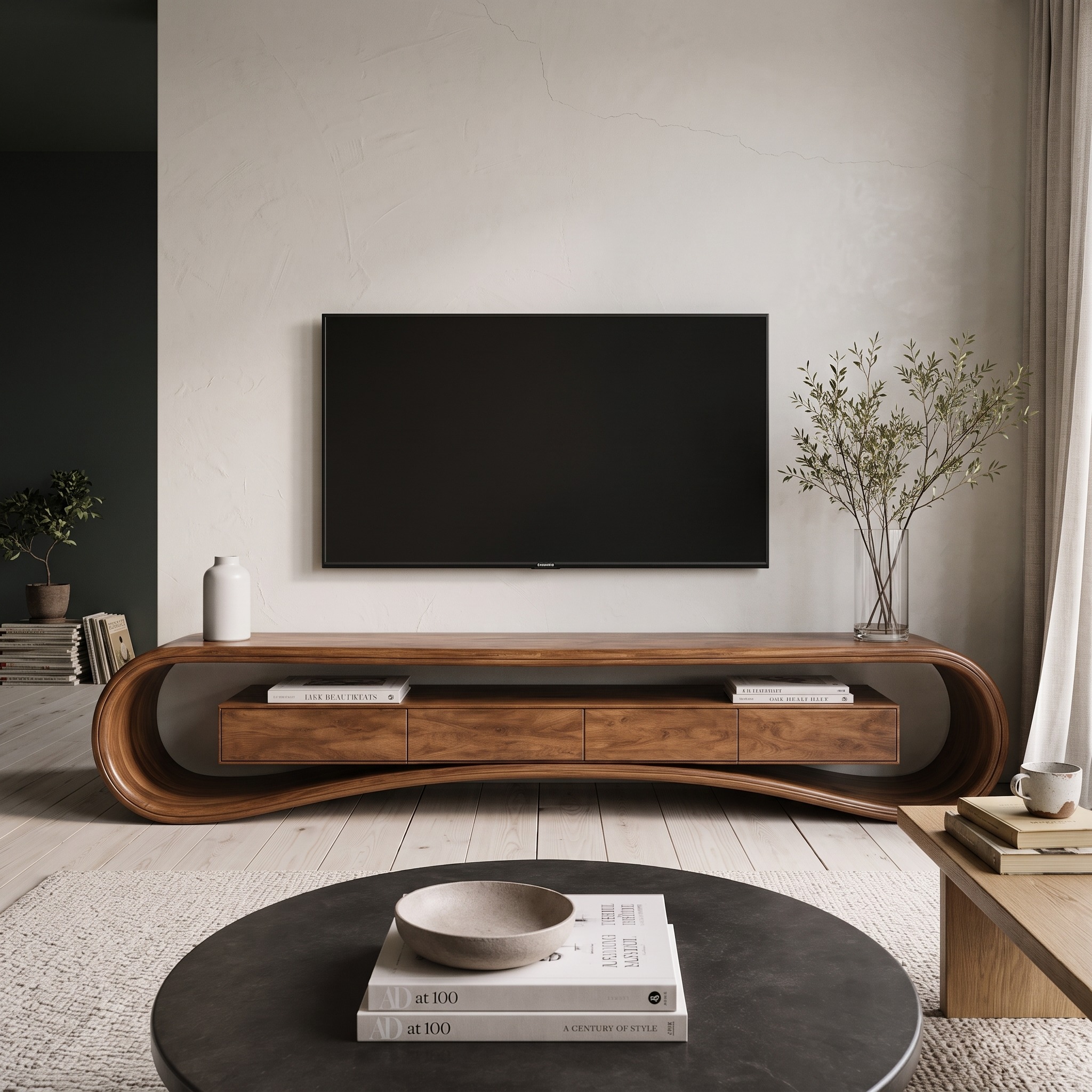 Modern Luxury Curved Wood Media Console, TV Stand & Entertainment Center Sideboard Credenza for Living Room