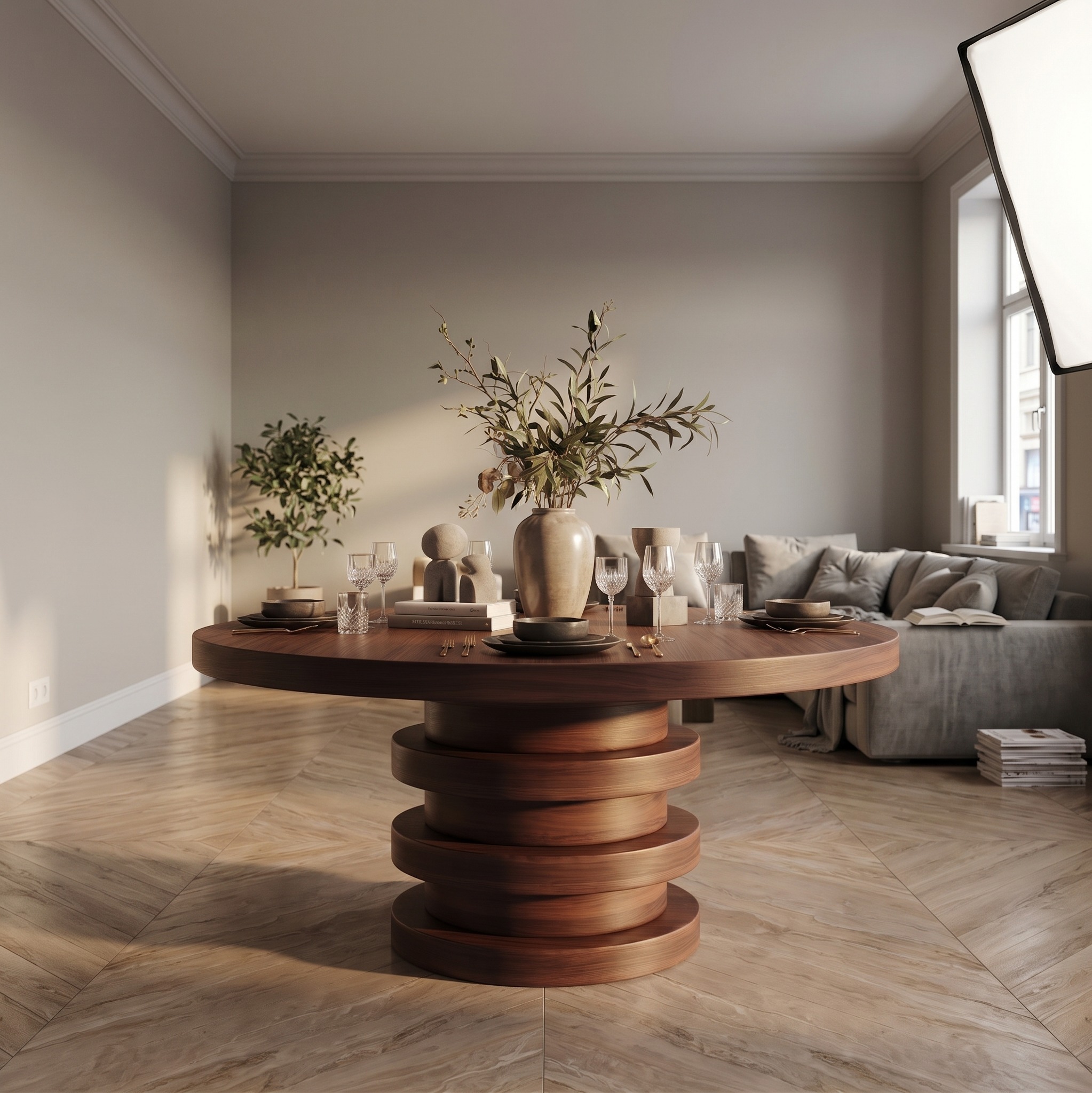Modern Luxury Round Entryway Table, Solid Wood Architectural Pedestal Foyer Accent Table for Lobby, Hallway