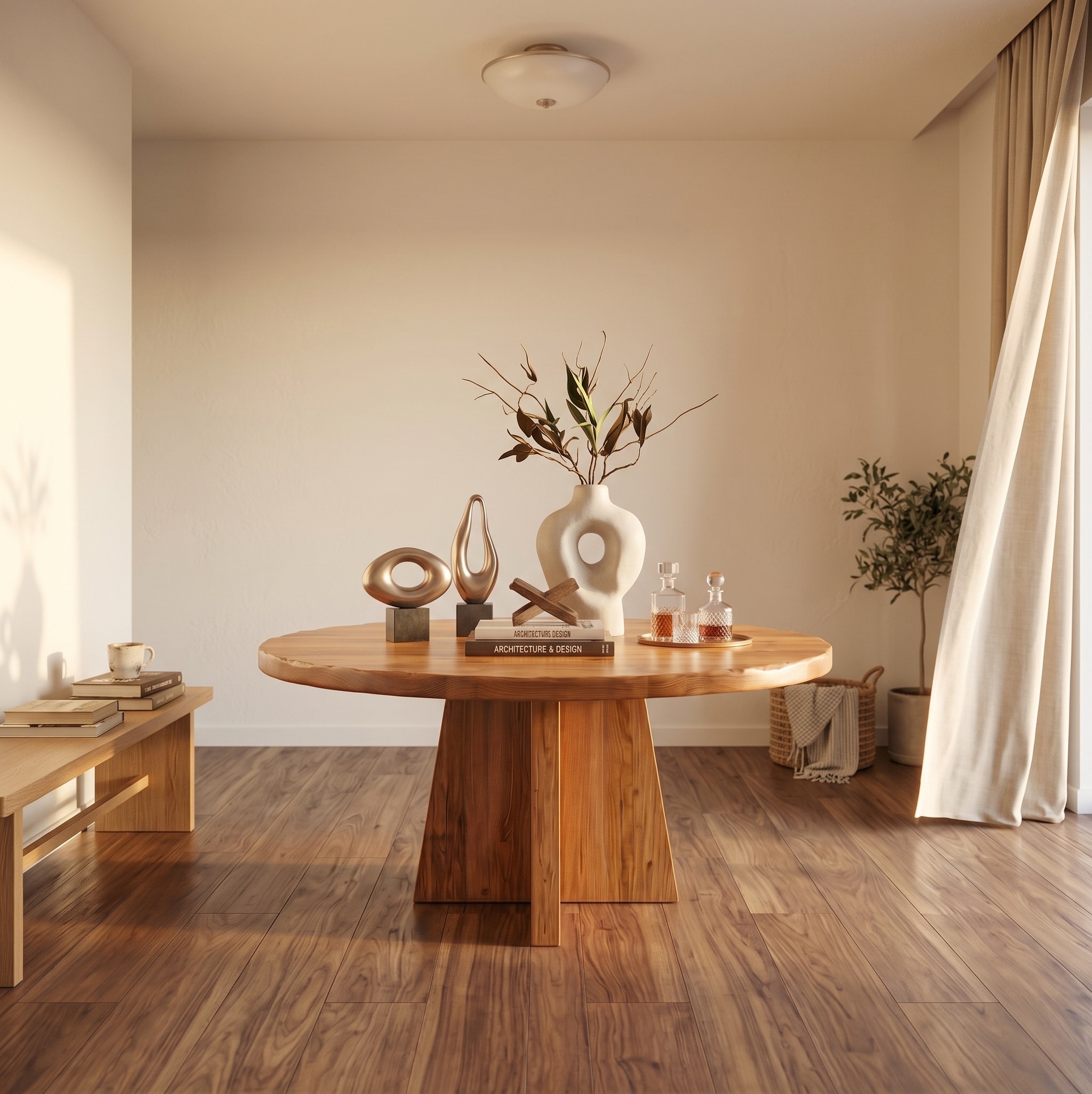 Modern Luxury Round Pedestal Table, Solid Wood Foyer Table, Architectural Entryway Accent Table for Lobby