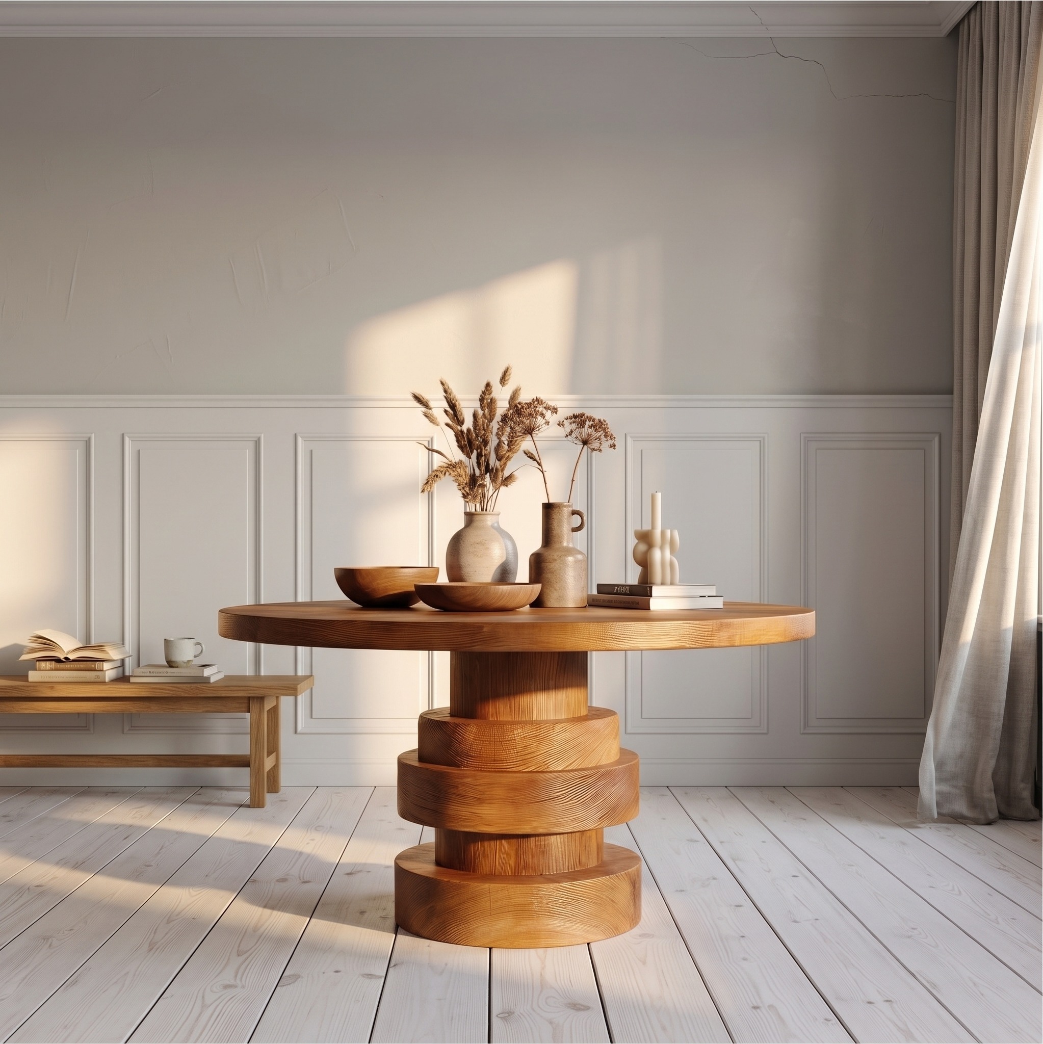Modern Luxury Stacked Base Round Entryway Table, Solid Wood Architectural Foyer Pedestal Accent Table