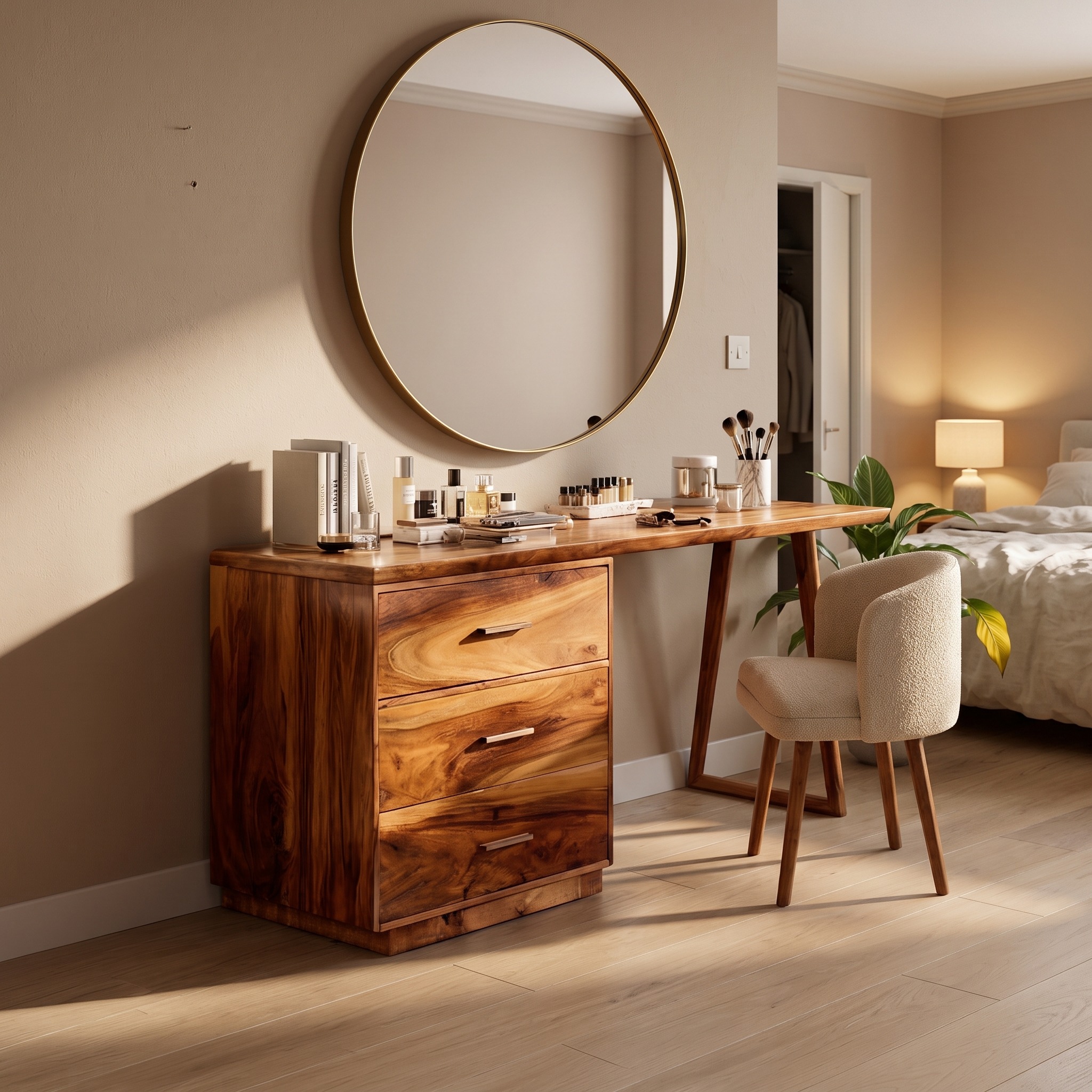 Modern Makeup Vanity Desk, Compact Wooden Dressing Table for Studio Apartment & Bedroom