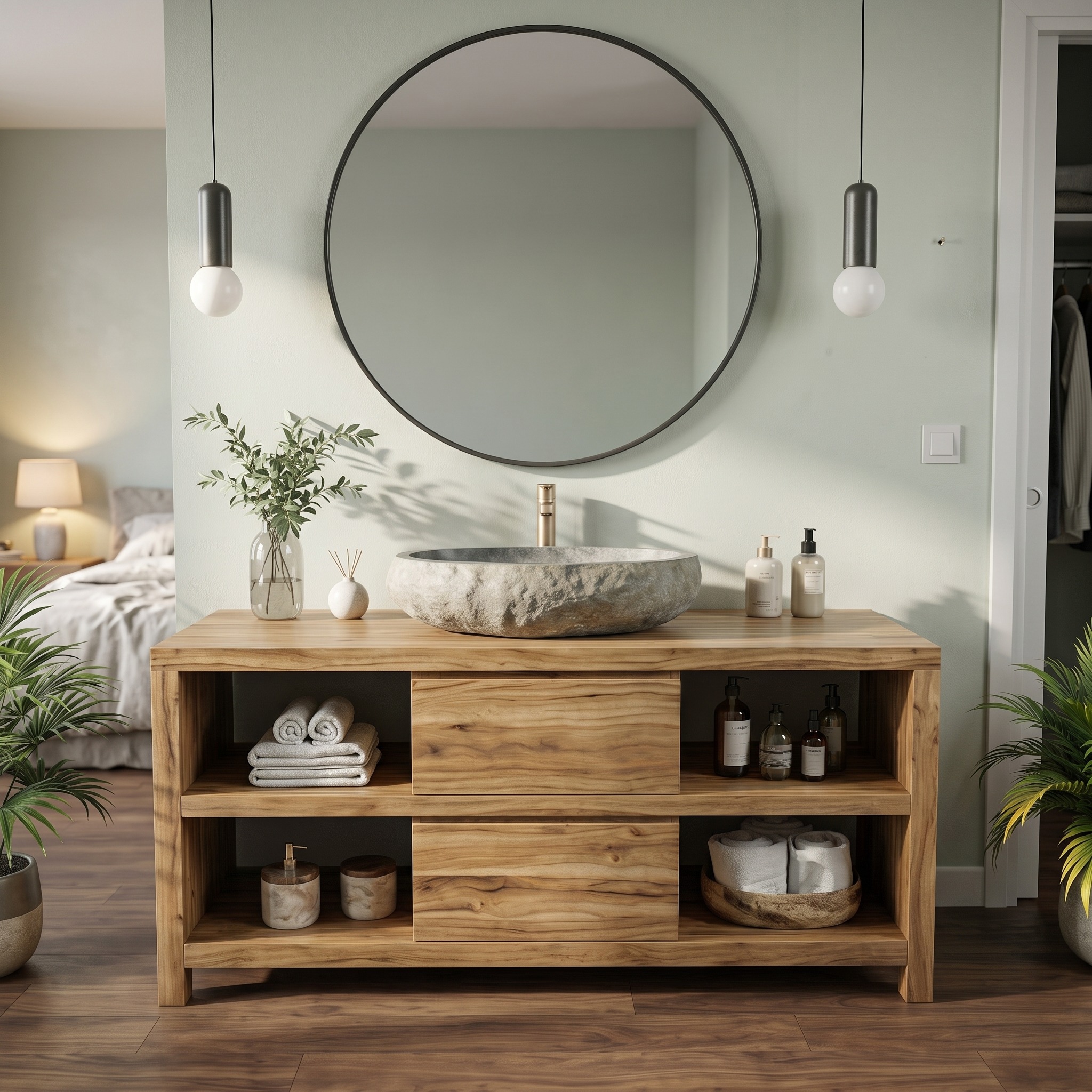 Modern Minimal Solid Wood Bathroom Vanity Open Shelf Storage Cabinet