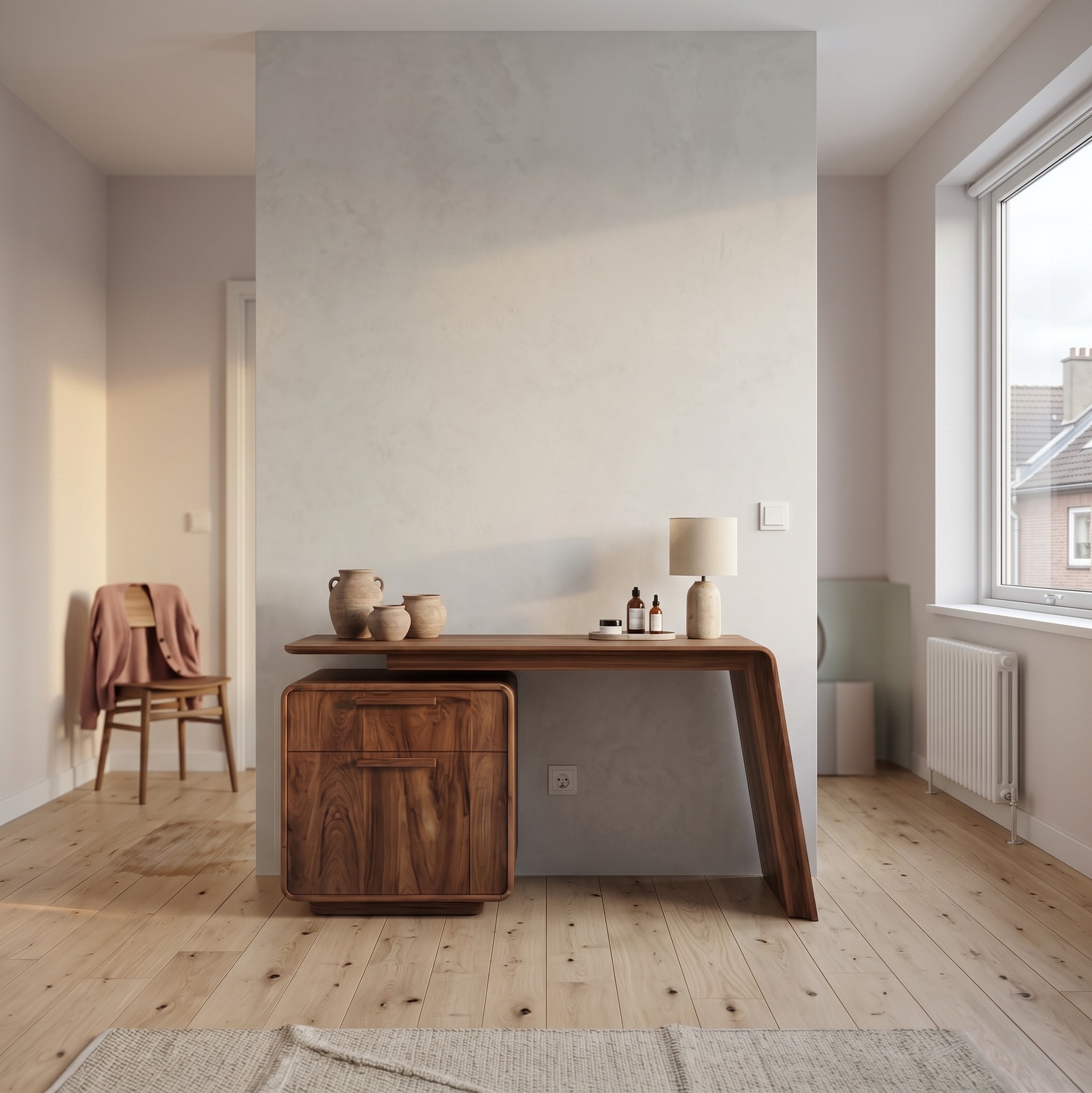 Modern Minimalist Dressing Table with Storage, Solid Wood Sculptural Makeup Vanity Desk for Bedroom Decor