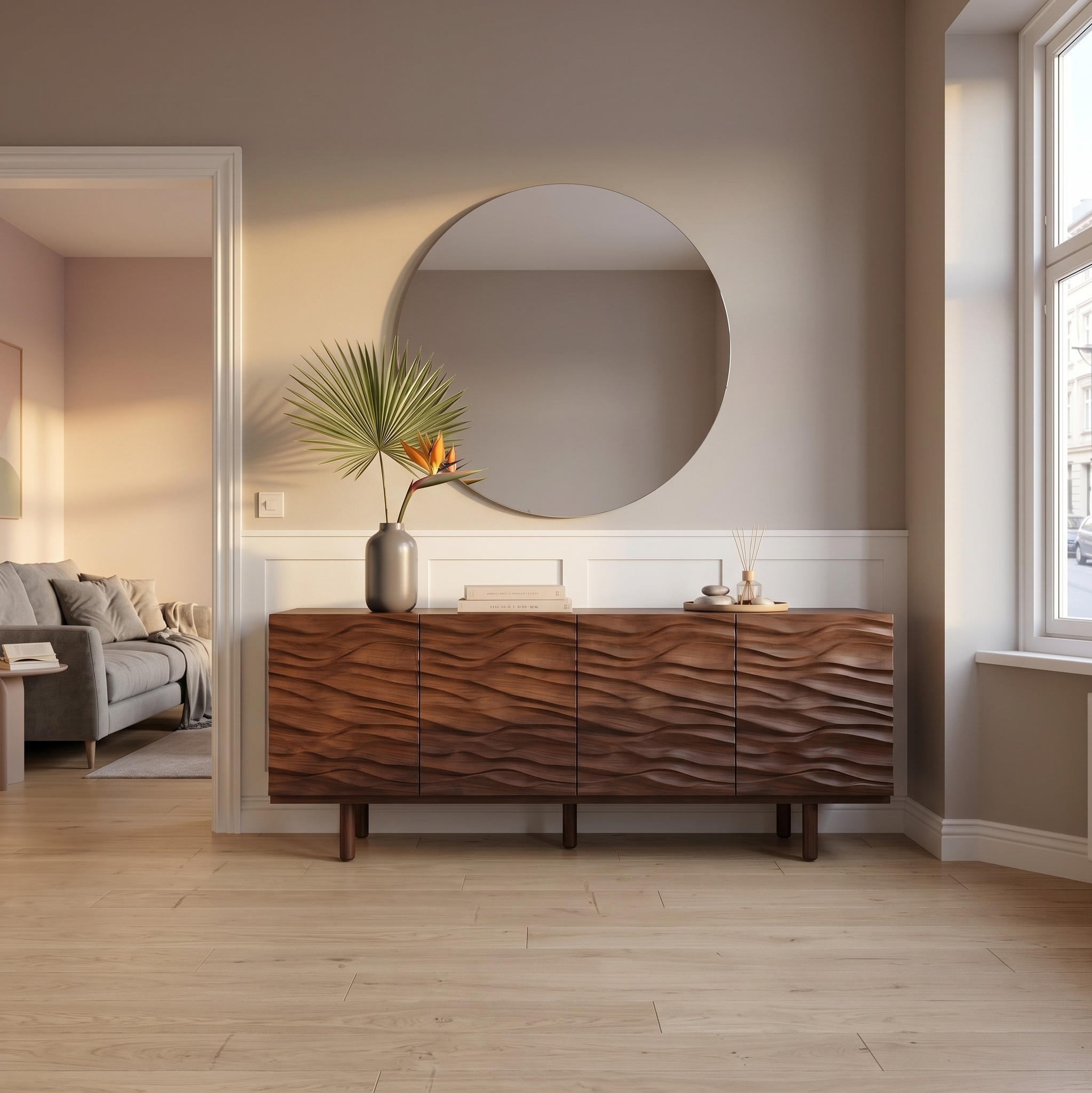 Modern Minimalist Sideboard with Textured Wood Doors & Sleek Storage, Living Room Buffet Credenza Cabinet