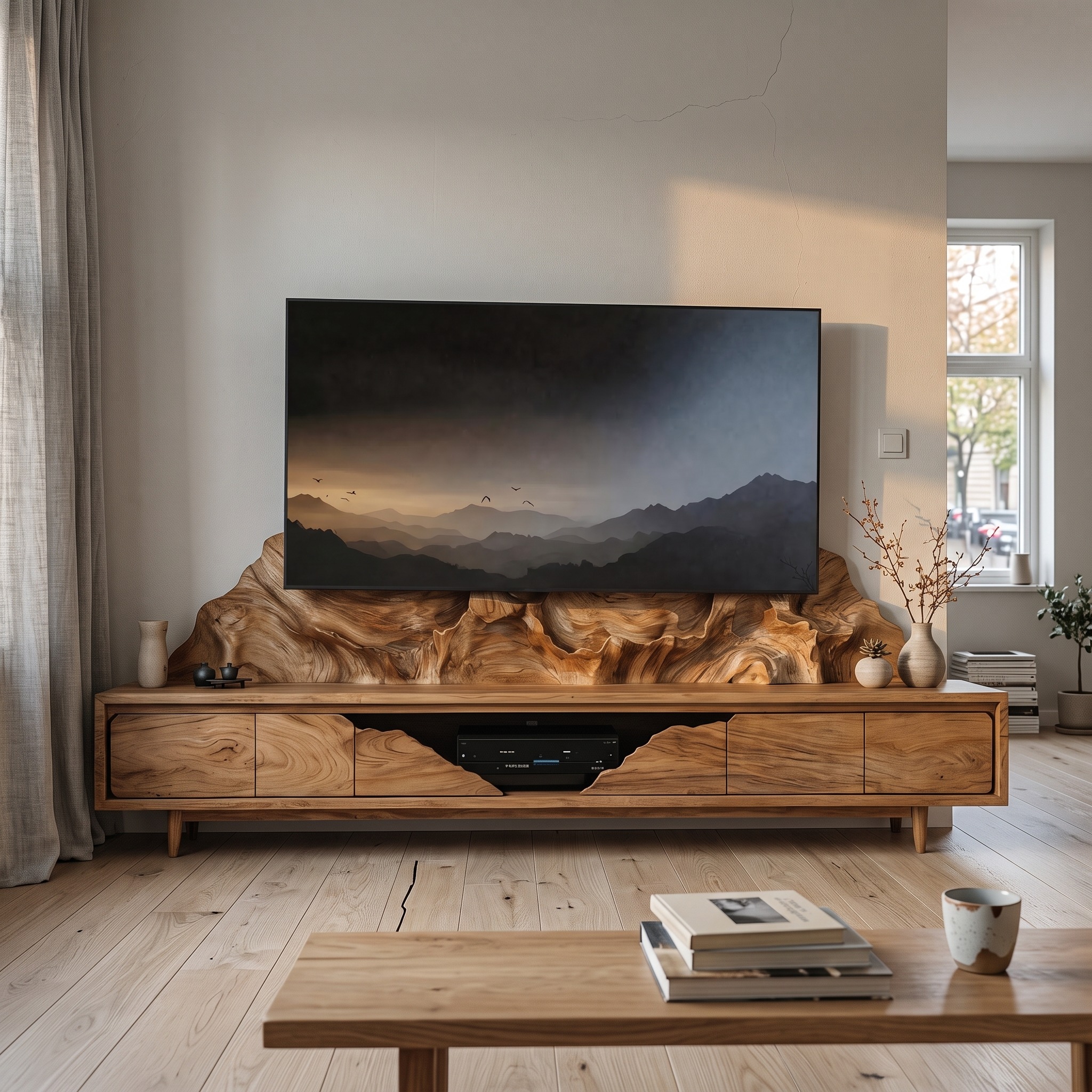 Modern Minimalist TV Cabinet, Solid Wood Media Console Table, Low Profile Entertainment Center for Living Room