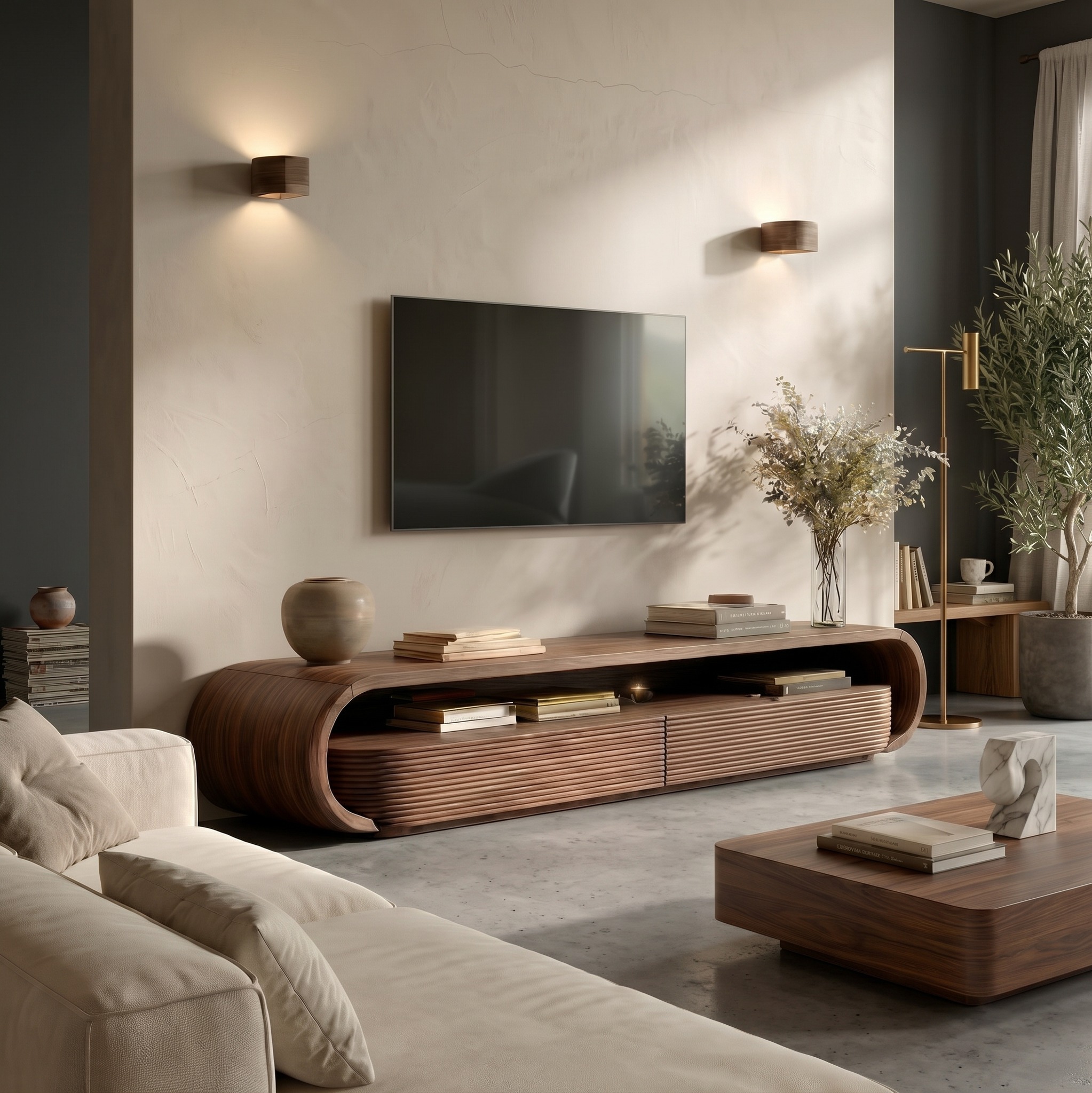 Modern Minimalist TV Unit, Low Profile Solid Wood Credenza & Media Storage Cabinet for Living Room Entertainment