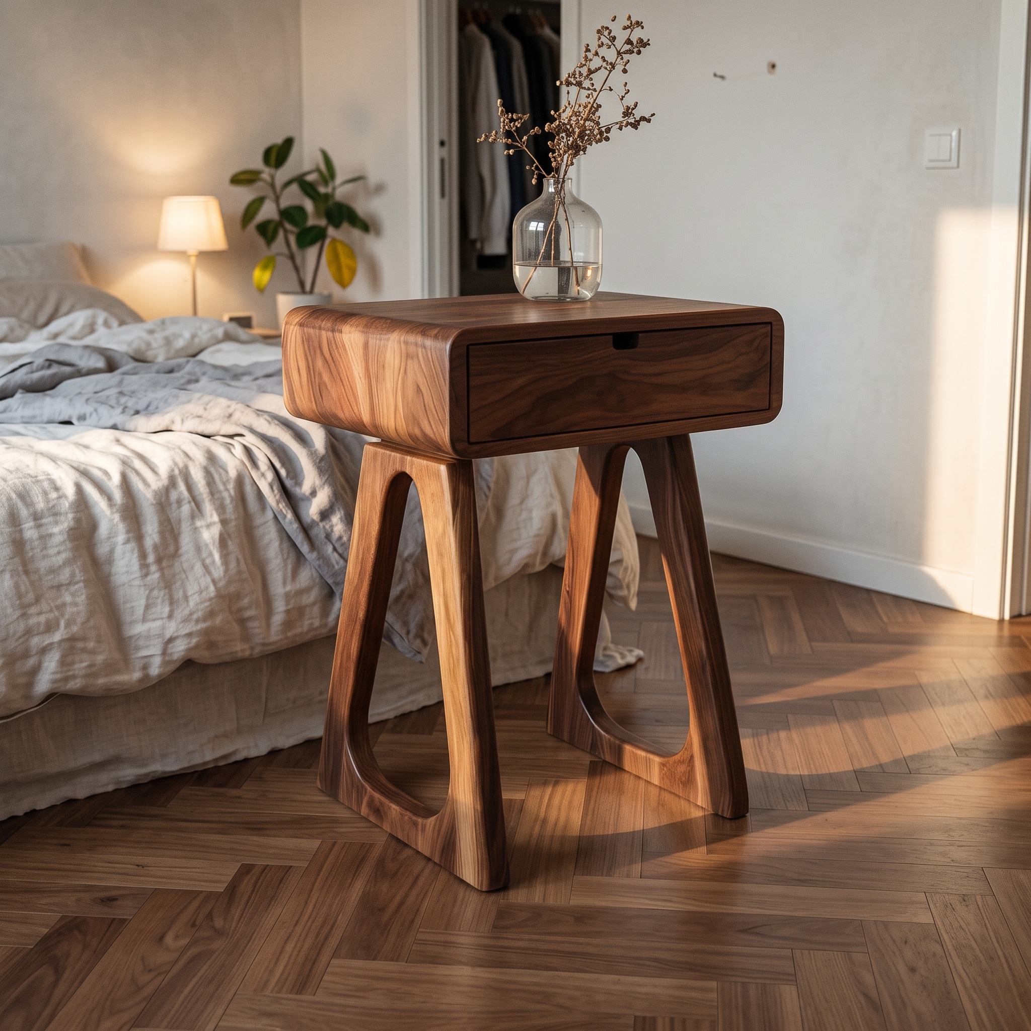 Modern Minimalist Wood Nightstand, Sleek Bedside Table End Table with Drawer for Guest Bedroom, Model