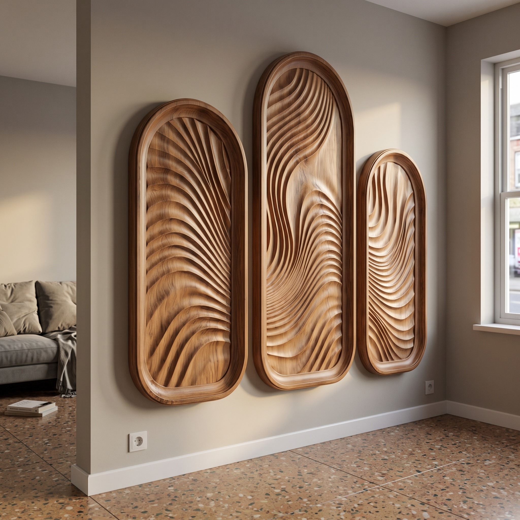 Modern Minimalist Wood Sculpture, Handcrafted Geometric Wall Art for Living Room & Hallway