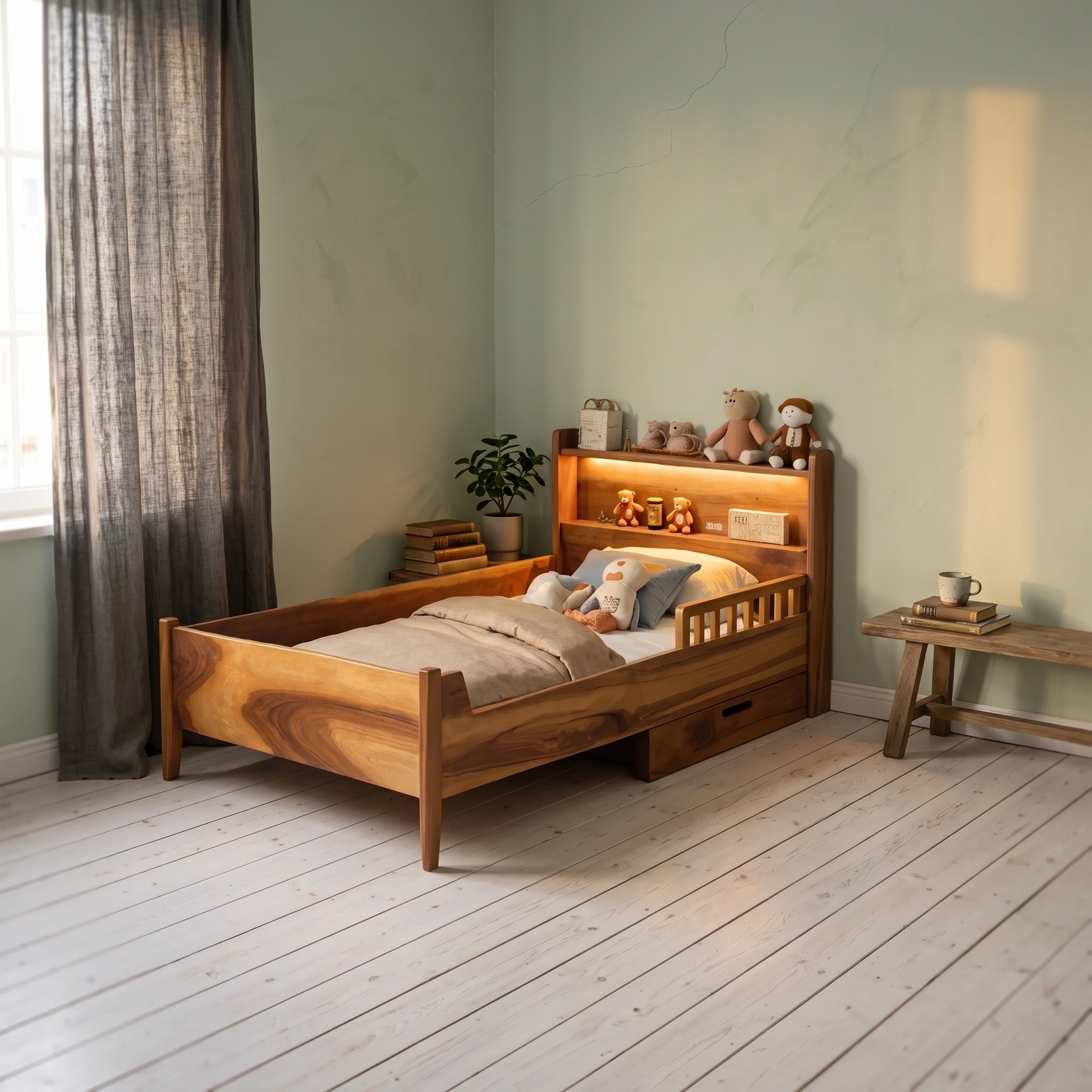 Modern Montessori Style Toddler Bed with Bookshelf Storage