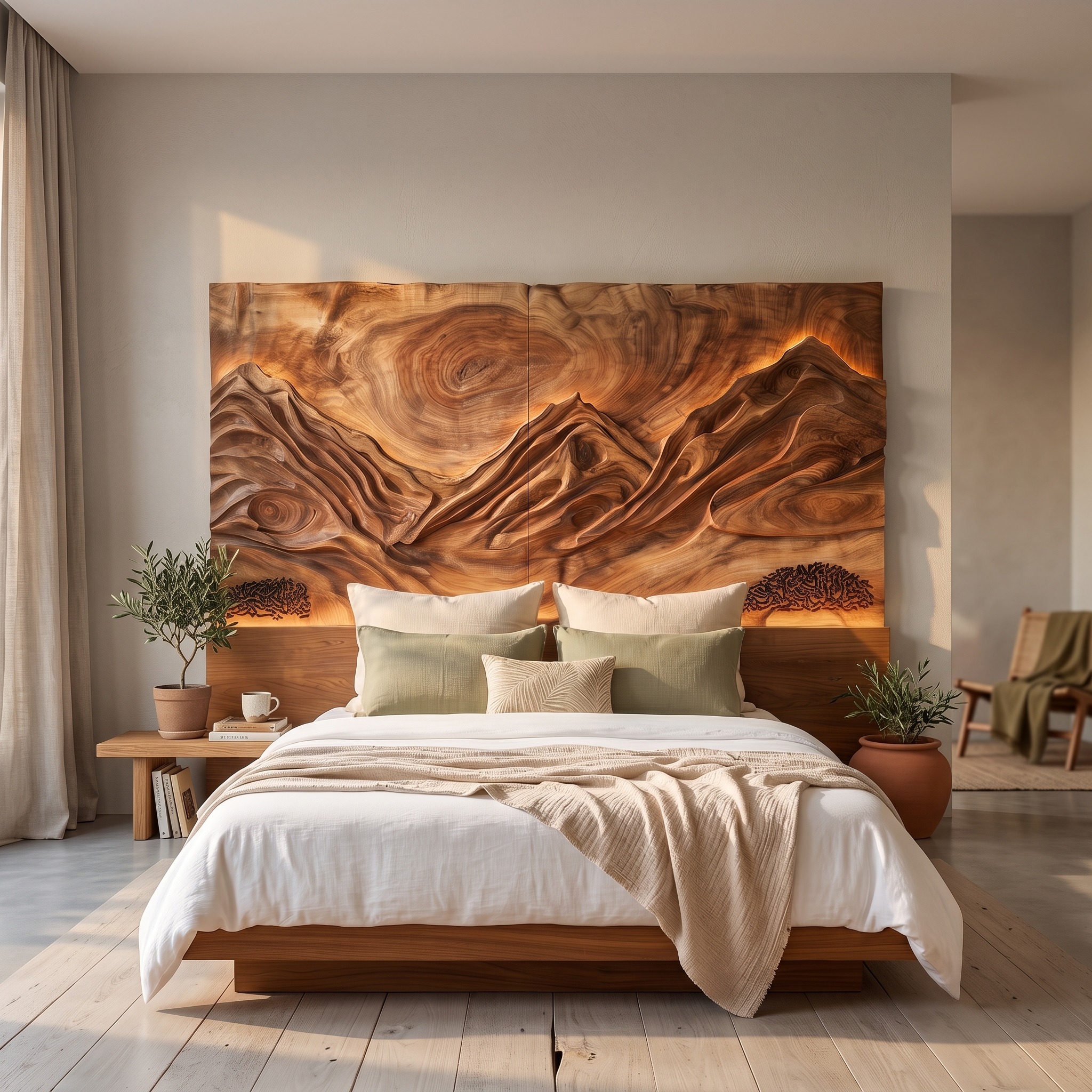Modern Mountain Relief Wood Headboard, Handcrafted Sculptured Bed Headboard for King & Queen Luxury Bedroom