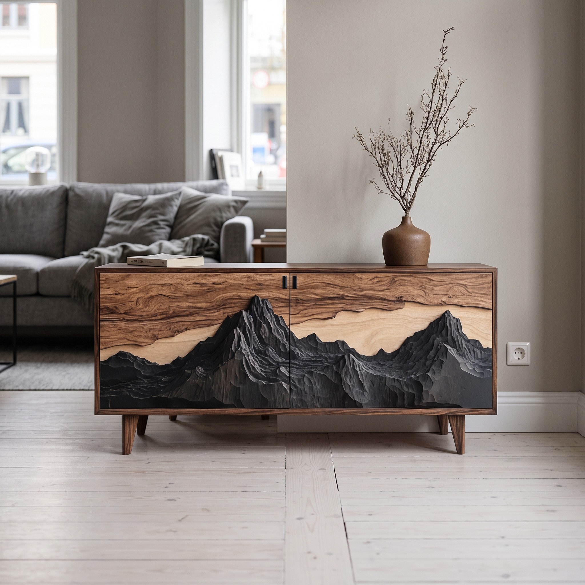 Modern Mountain Storage Console, Handcrafted Solid Wood Sideboard Cabinet for Living Room, Entryway Credenza