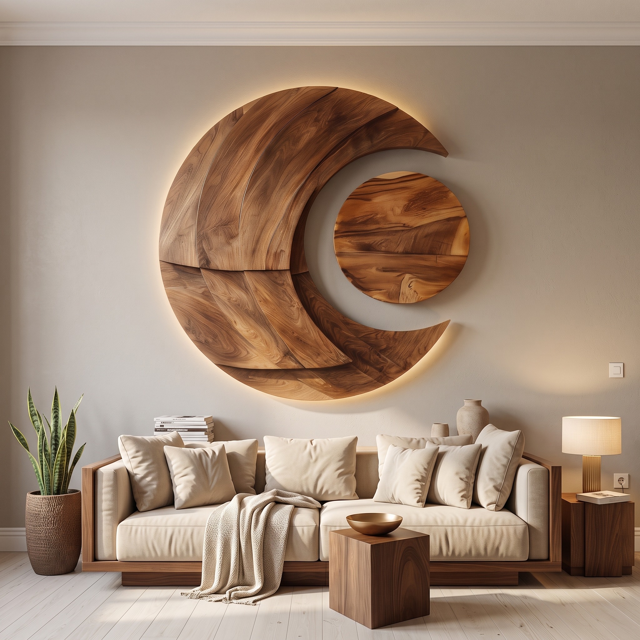 Modern Multi-Layered Crescent Moon Wood Wall Art for Interior