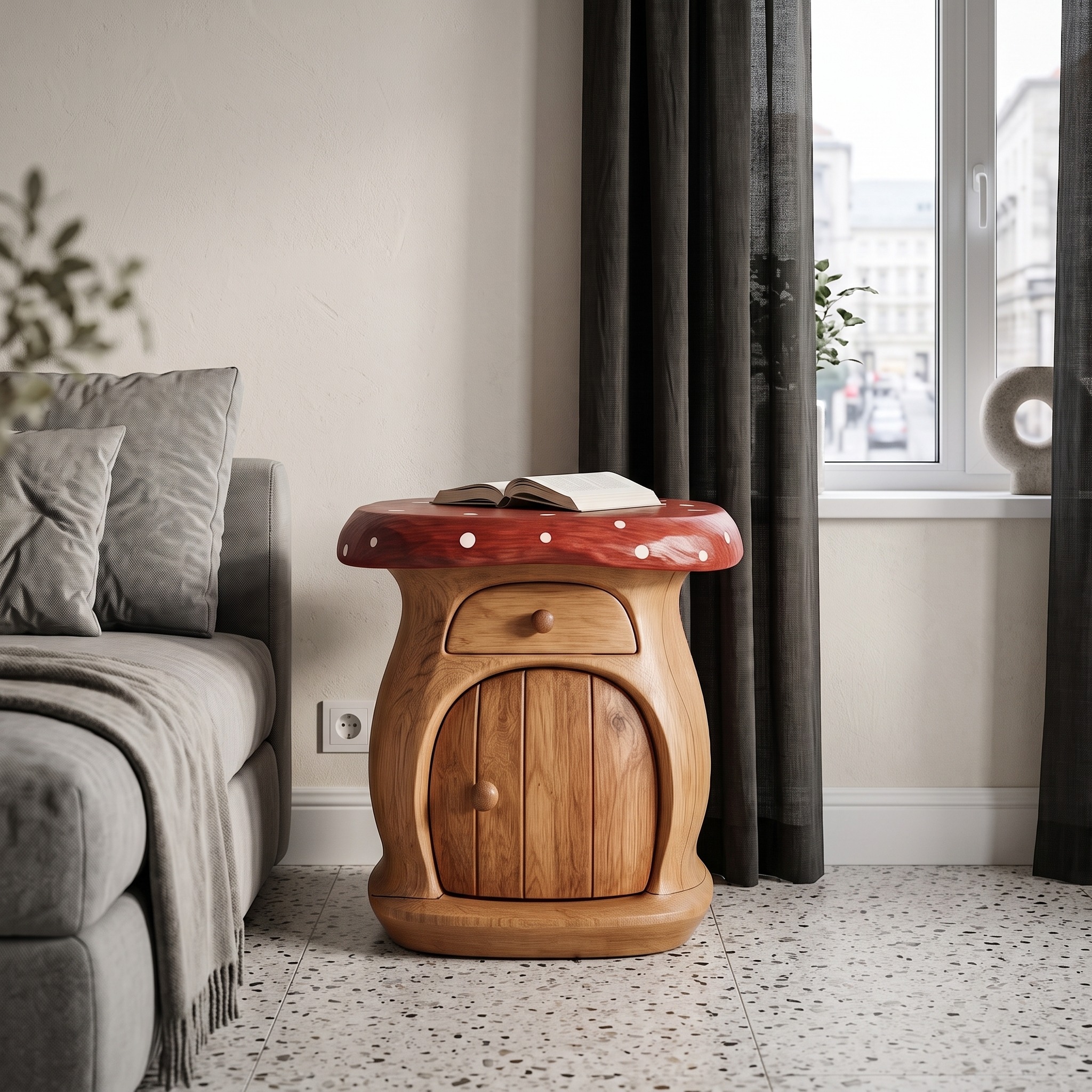 Modern Mushroom Bedside Table with Wooden Storage Door