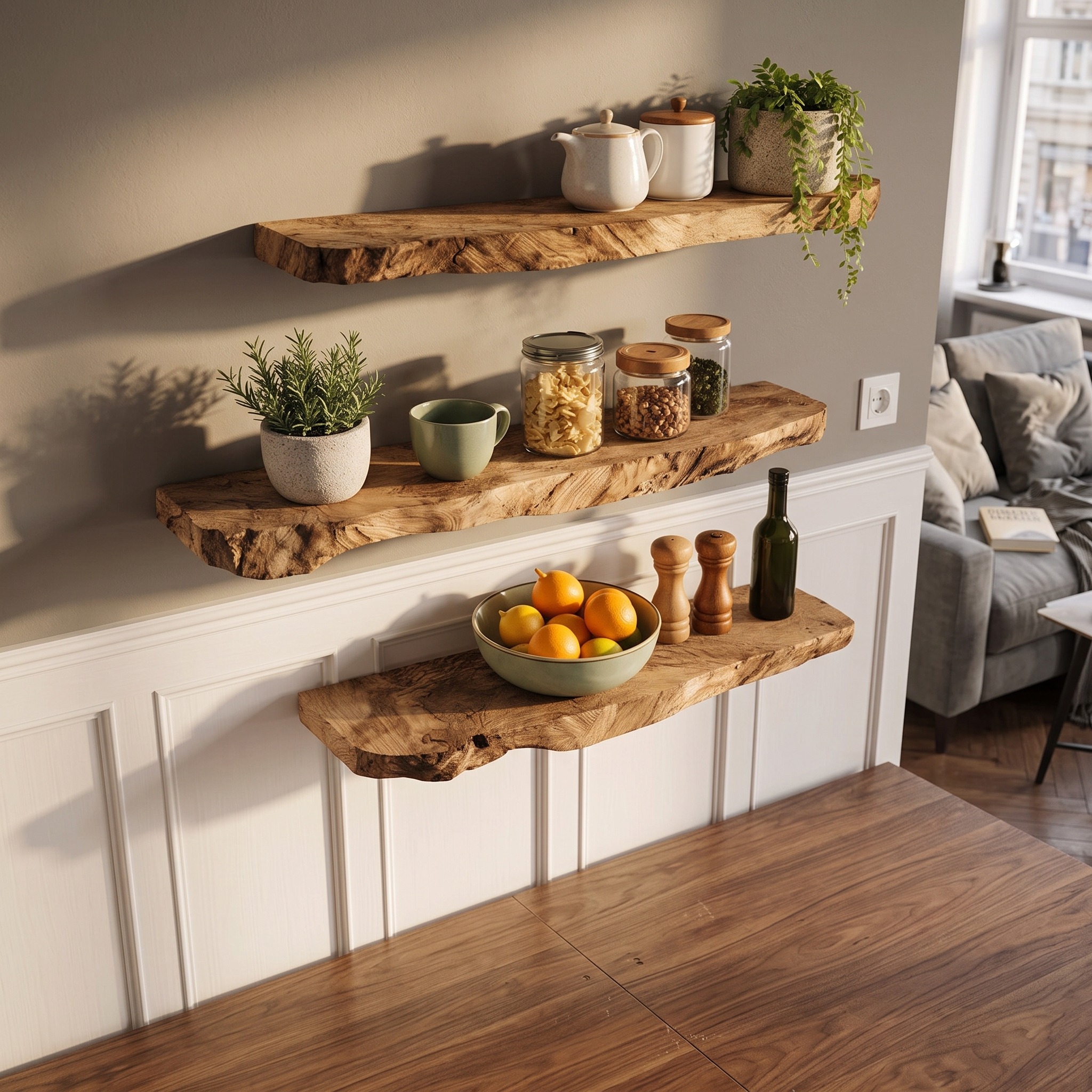 Modern Natural Slab Floating Kitchen Shelves, Solid Wood Wall Hanging Display Ledges, Heavy Duty Pantry Storage